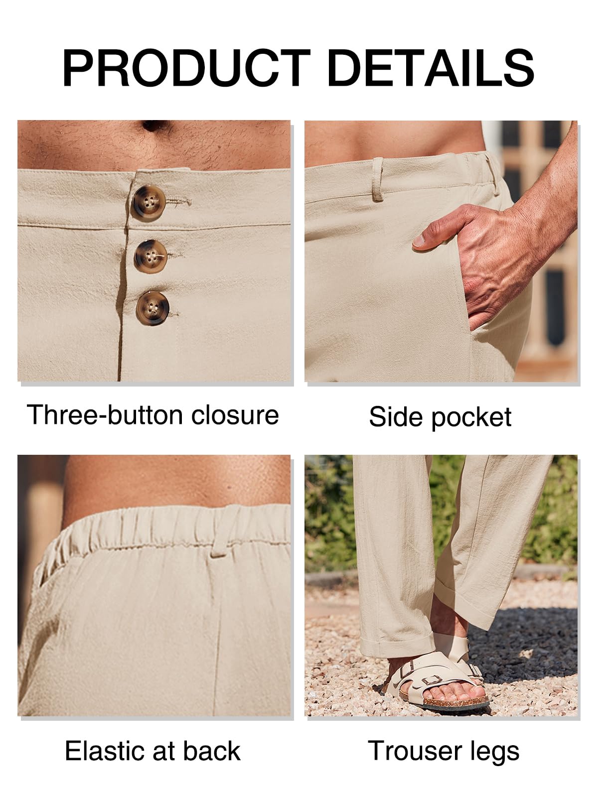 Runcati Mens Cotton Linen Casual Elastic Waist Pants Beige Size XX-Large
