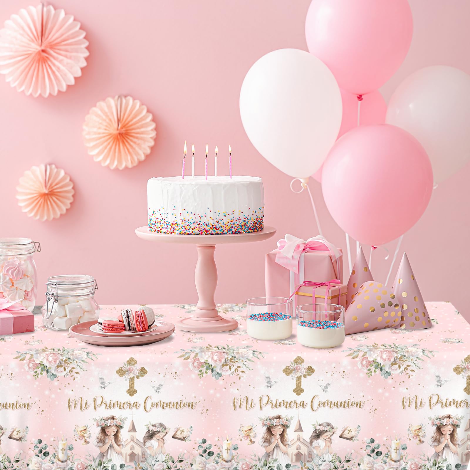 Juweked 3Pcs Pink Floral First Communion Plastic Table Cloth Decorations