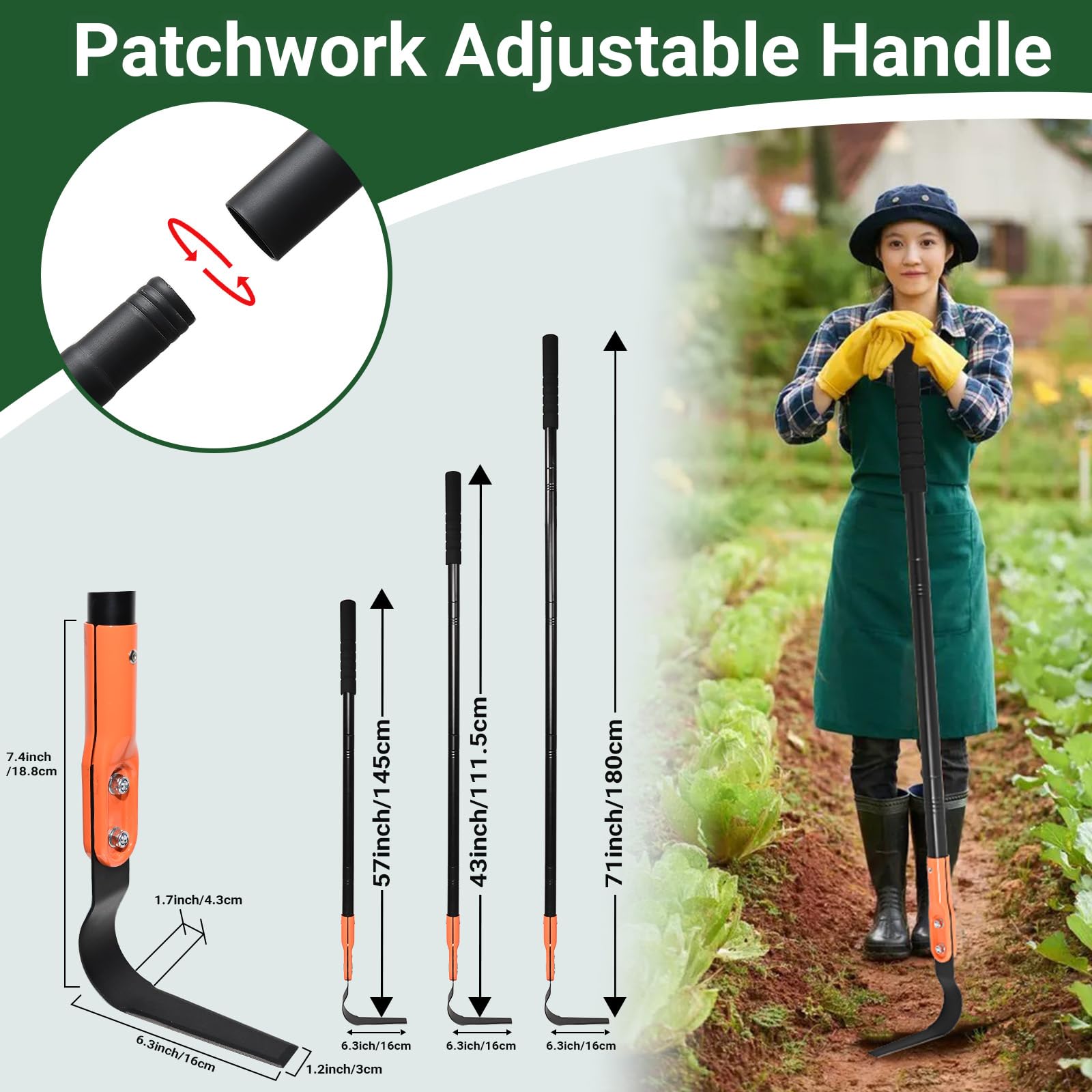 ABtool Hula Garden Hoe 71" Long Handle Orange L-Shaped Three-Sided Blade