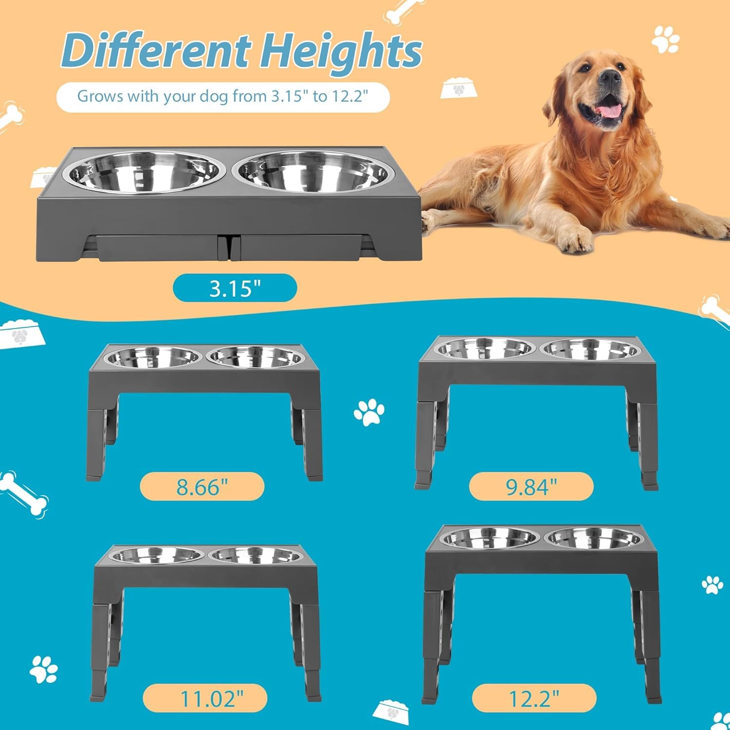 Niubya Elevated Dog Bowls Adjustable Raised Feeder w 2 Stainless Bowls