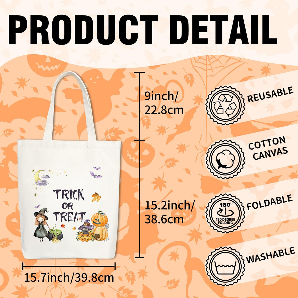 Halloween Trick or Treat Reusable Cotton Canvas Tote Bag