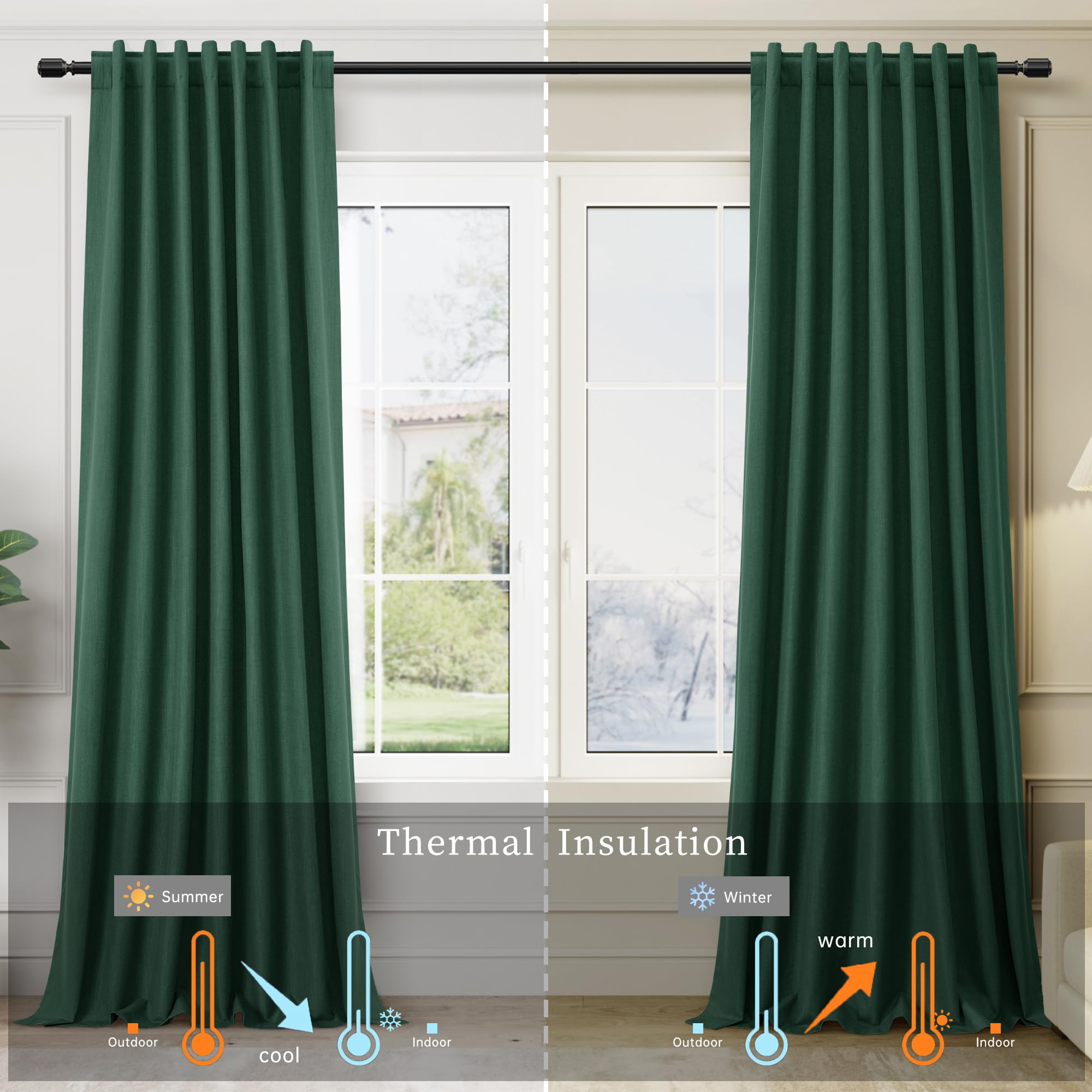 BOODII Linen Blackout Curtains Green 52x72 2 Panels Thermal Insulated