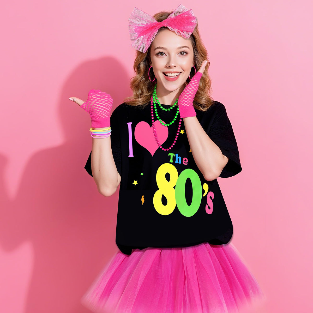 80s Outfit Costume Accessories for Women 1980s Outfits T Shirt Tutu Skirt Headband Bracelets Gloves for Theme Party Multicolor