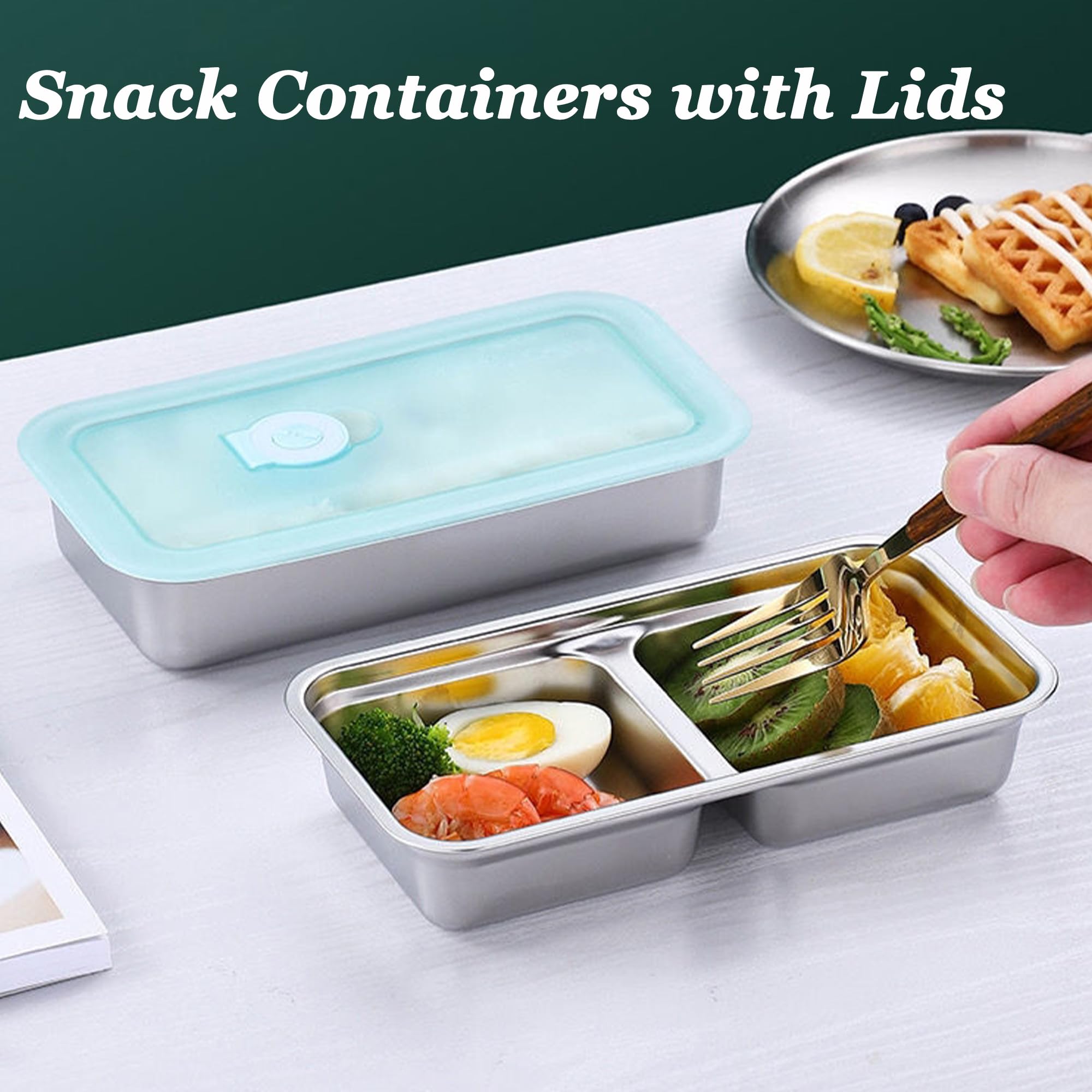QWEZXO Stainless Steel Double Compartment Snack Containers with Lids 4 Pack Blue