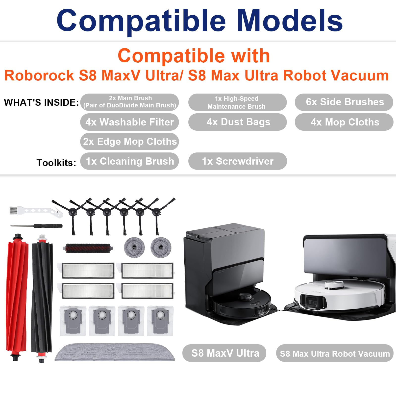 Feilifan 24PCS Roborock S8 MaxV Ultra Accessories Kit Dual Brush Filter Mop