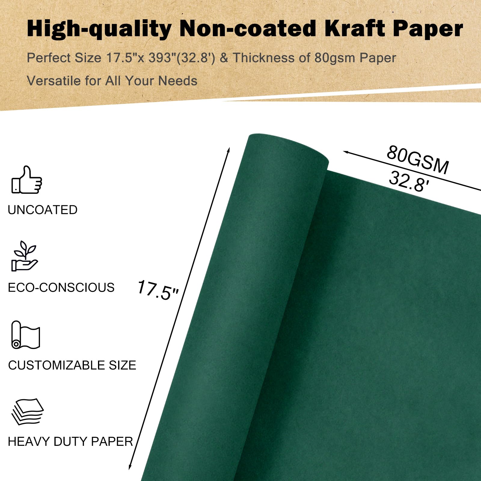 RUSPEPA Dark Green Kraft Wrapping Paper Roll 17.5x393in 80GSM Recyclable