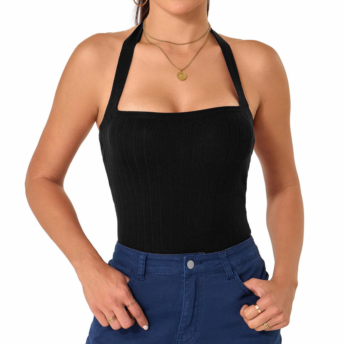 Betu Open Back Tops for Women Backless Going Out Tie Tank Top Ribbed Knit Sleeveless Fitted Crop Camisole Sexy Elegant Shirts Summer Basic Cami, Black, M