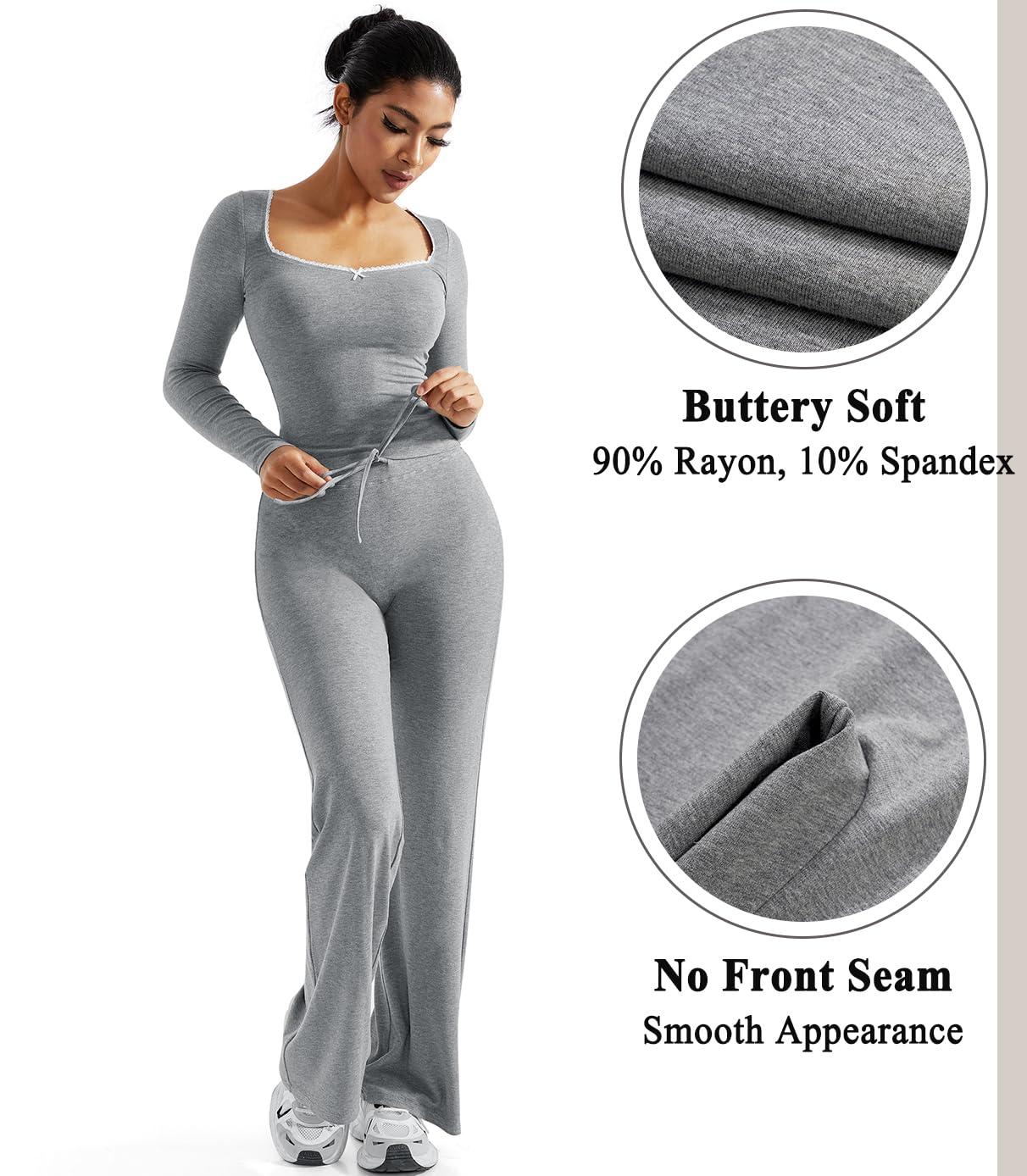 OMKAGI Womens Lounge Set Lace Square Neck Long Sleeve Grey 2PC Size M