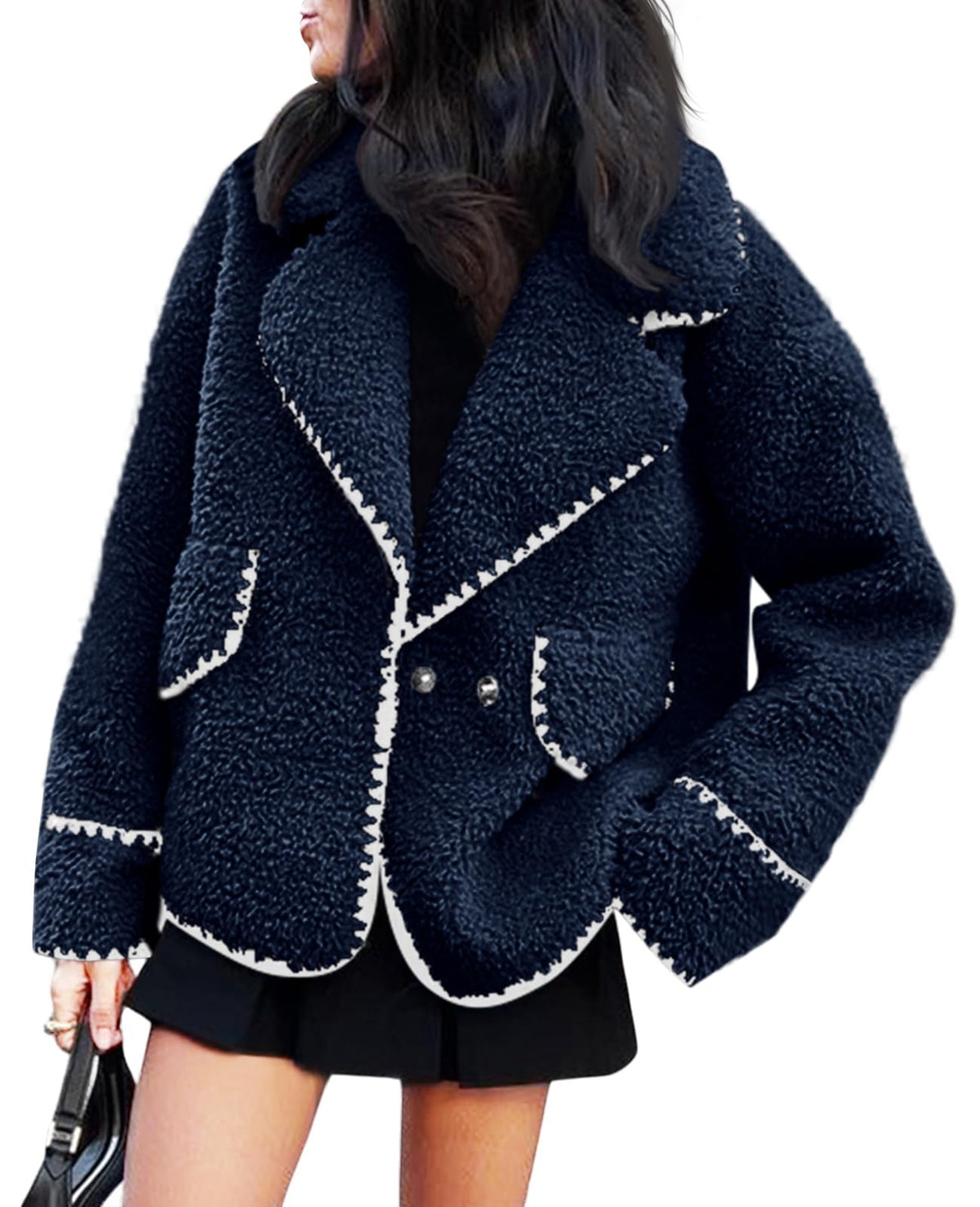 Cicy Bell Womens Sherpa Fleece Jacket Casual Collar V Neck Fuzzy Coats Contrast
