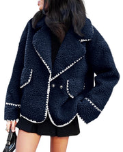Cicy Bell Womens Sherpa Fleece Jacket Casual Collar V Neck Fuzzy Coats Contrast