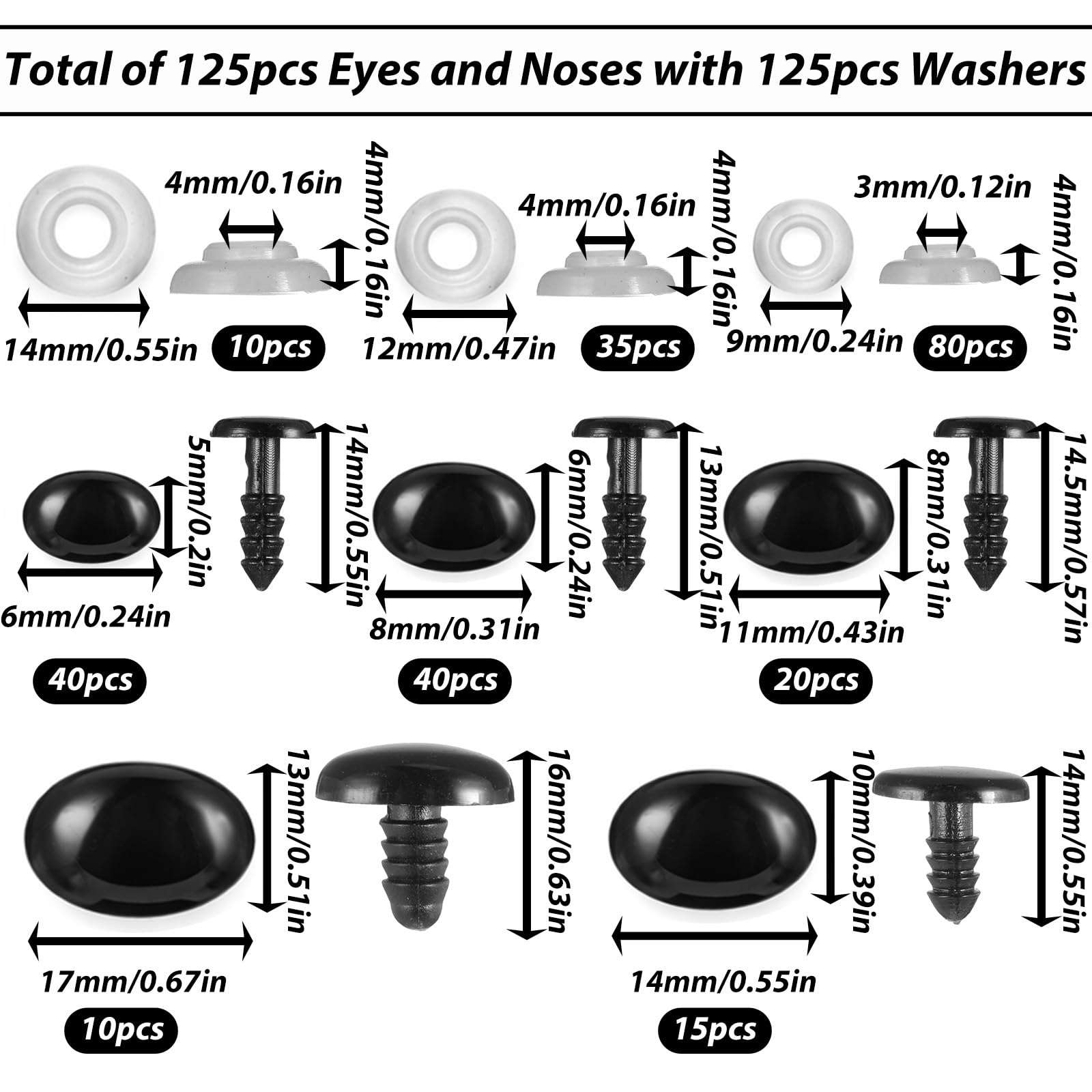 Qulkws 125 Pack Safety Eyes and Noses 5 Sizes 6-17mm Black Oval Resin