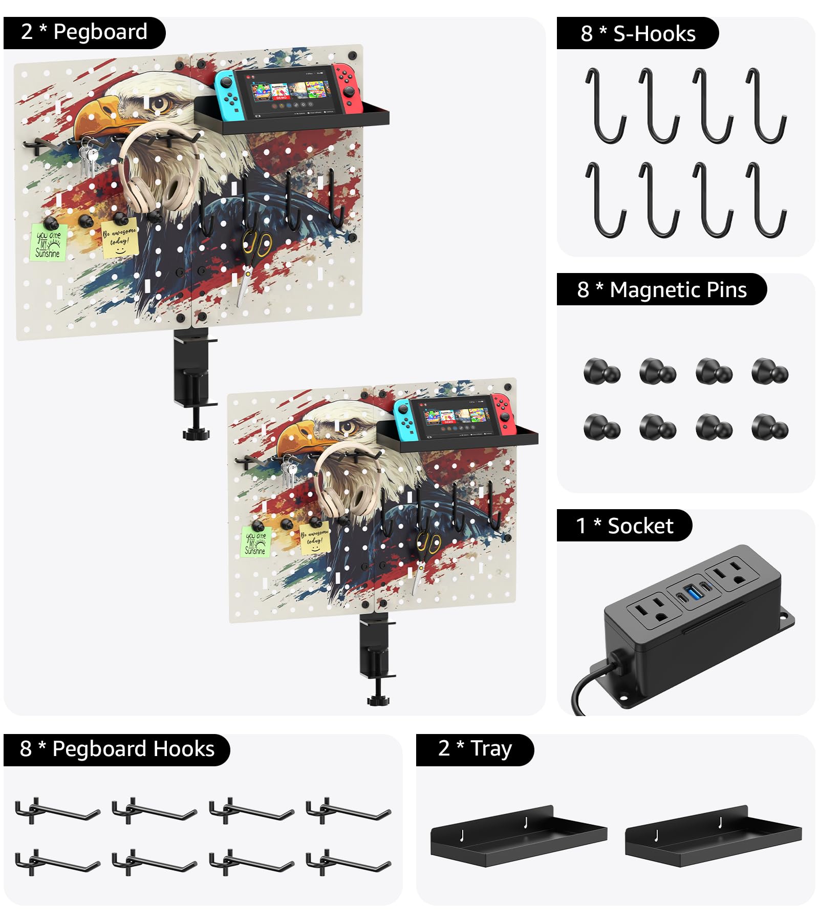 CCCEI Modular Pegboard Desk Organizer with USB Outlets Metal Panels 6FT
