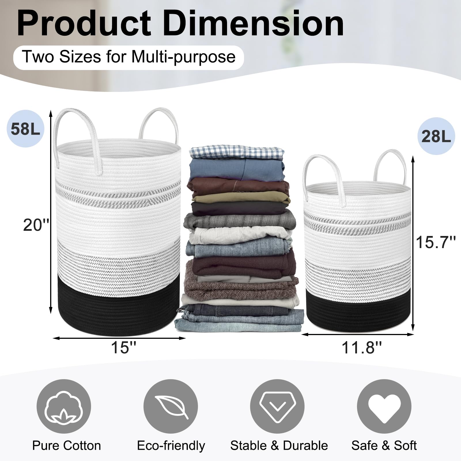 2-Pack Rope Laundry Baskets Cotton Hamper Woven Storage 58L 28L Black