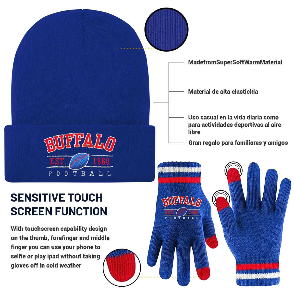 Winter Embroidered Soft Beanie Football Knit Hat With Warm Touch Screen Gloves - Game Day Gifts For Men Women And Fans