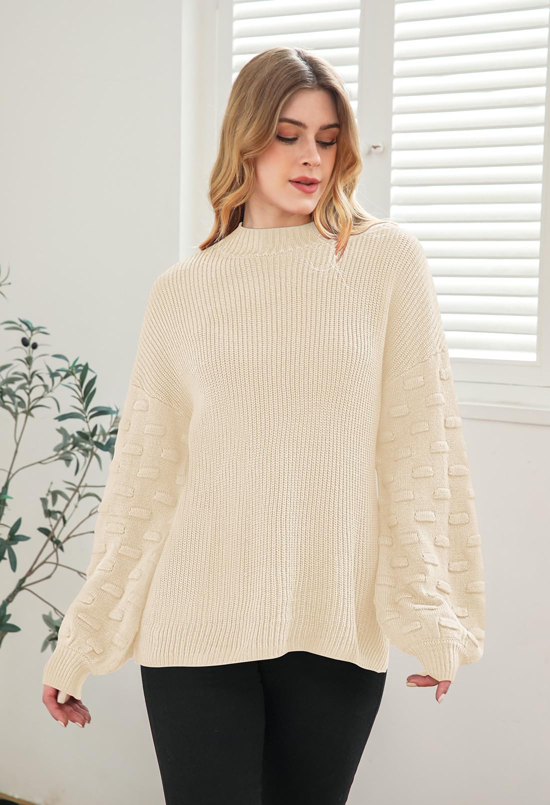 Sovoyontee Women's 2025 Fall Long Puff Sleeve Crew Neck Knit Chunky Casual