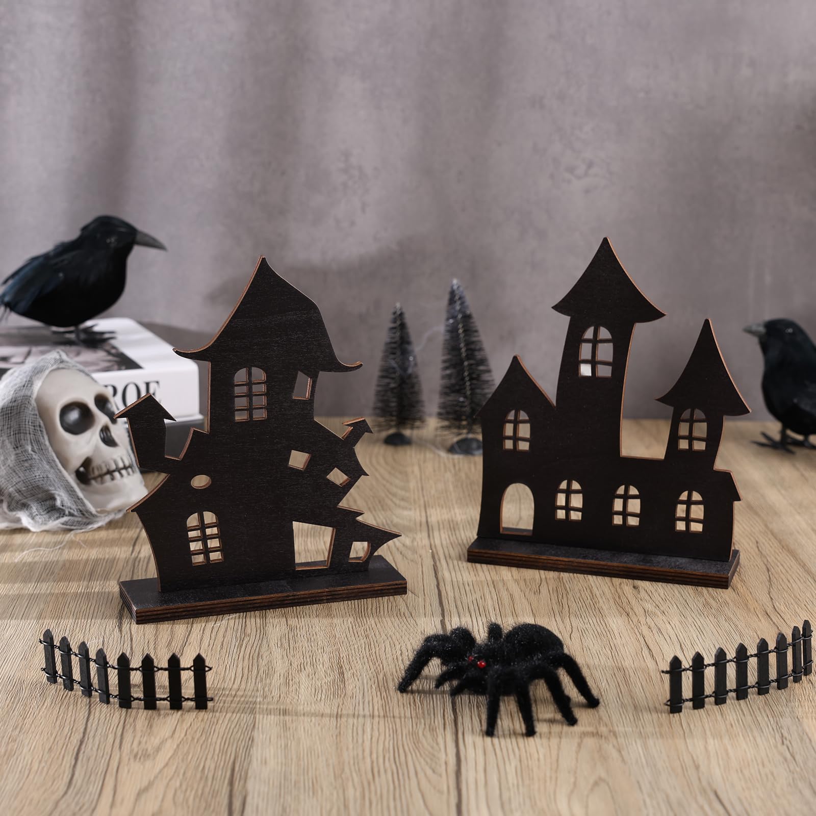 YLOLUL 6 Pcs Halloween Wooden Haunted House Table Centerpiece Decorations