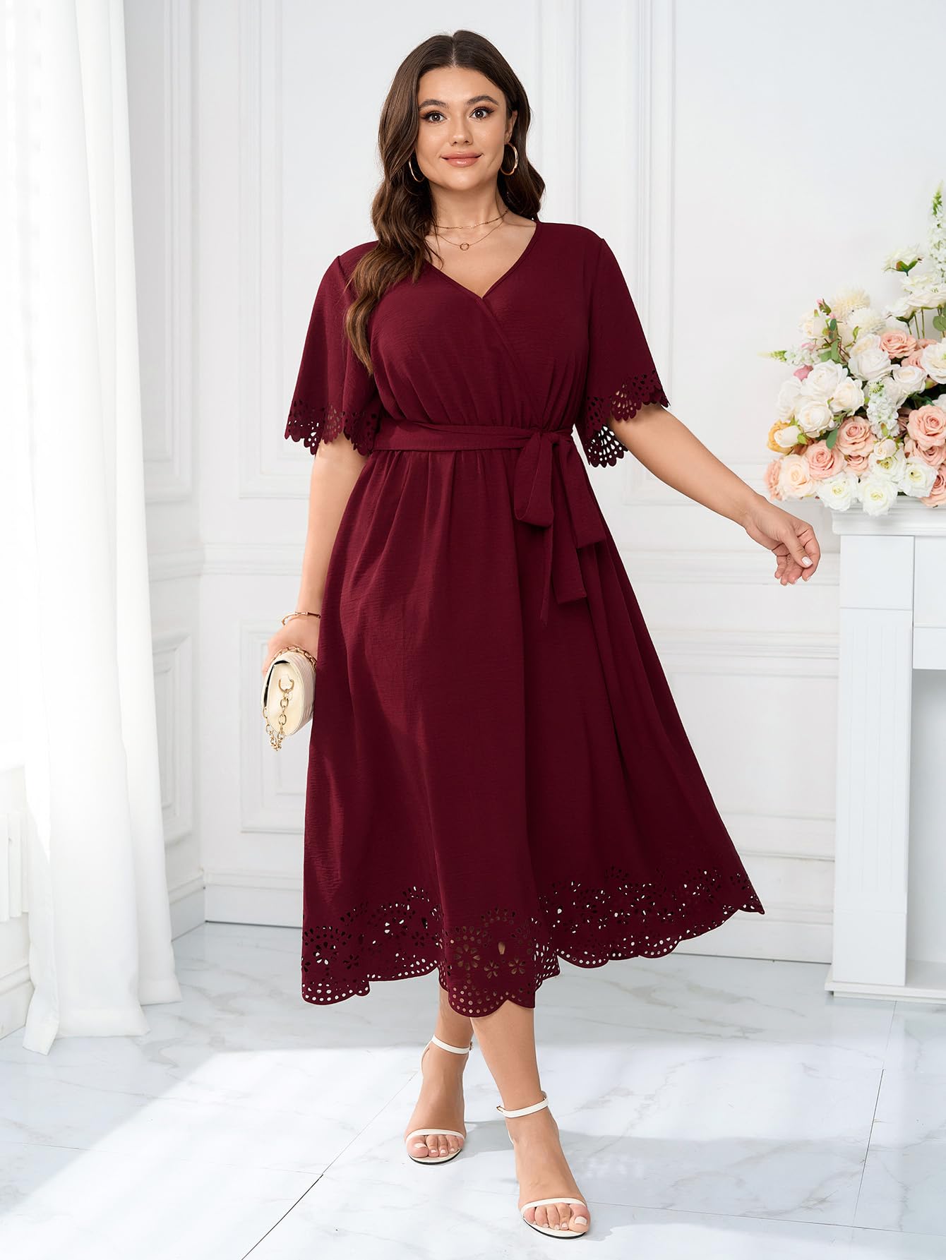 HICISI Womens Plus Size Wrap V Neck A-Line Maxi Dress with Belt Red XX-Large