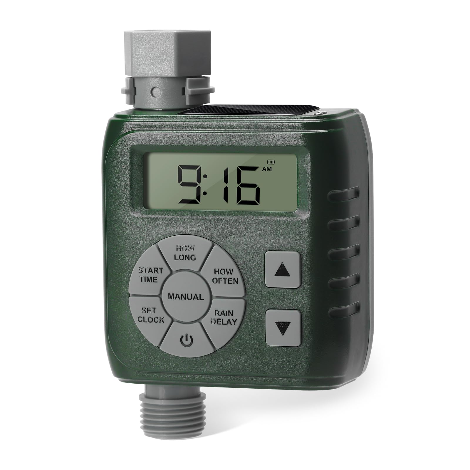 Zuomeng Programmable Sprinkler Timer Garden Hose Solar Battery Dual Power Green