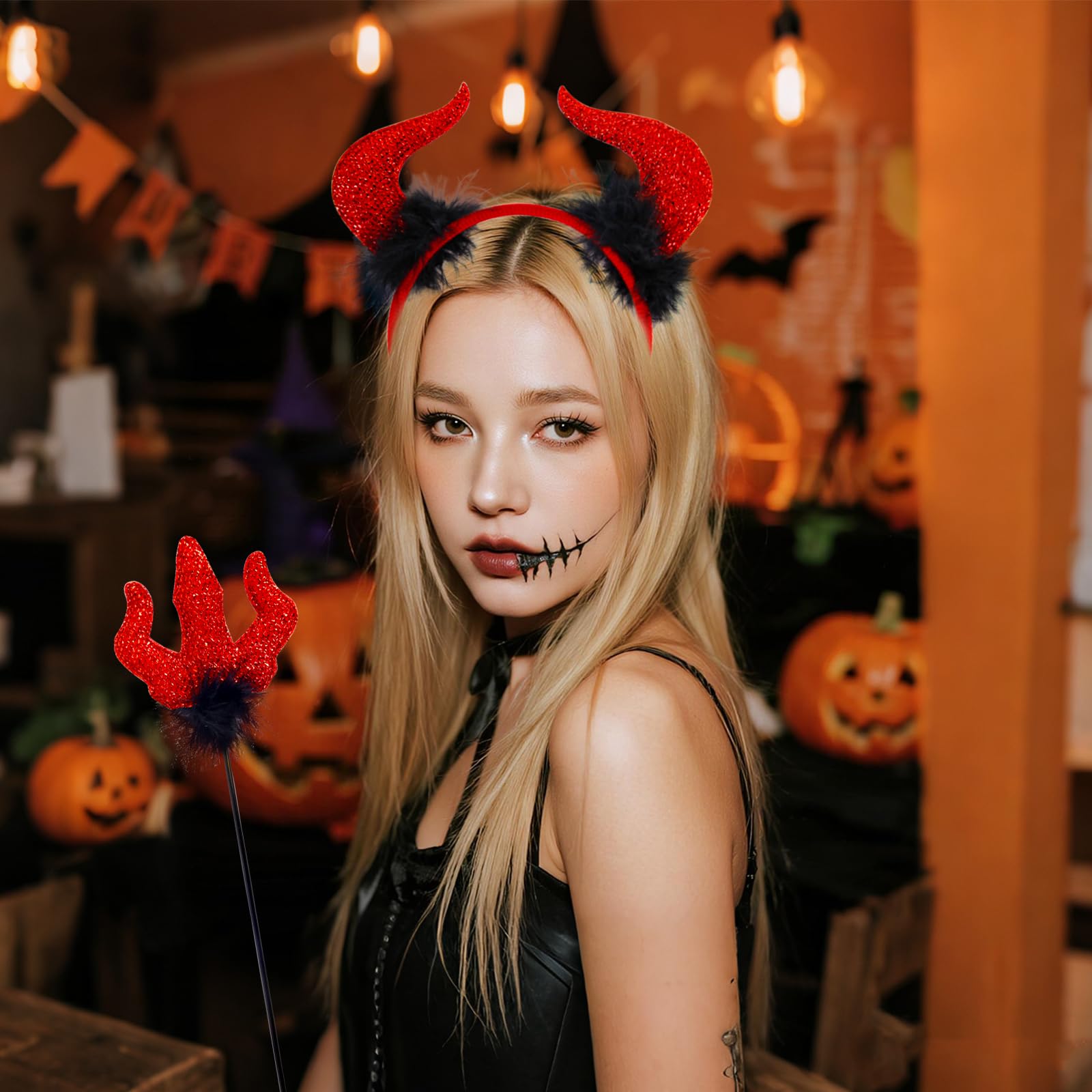OIWLCI Red Devil Horns Headband with Pitchfork Halloween Costume Size General