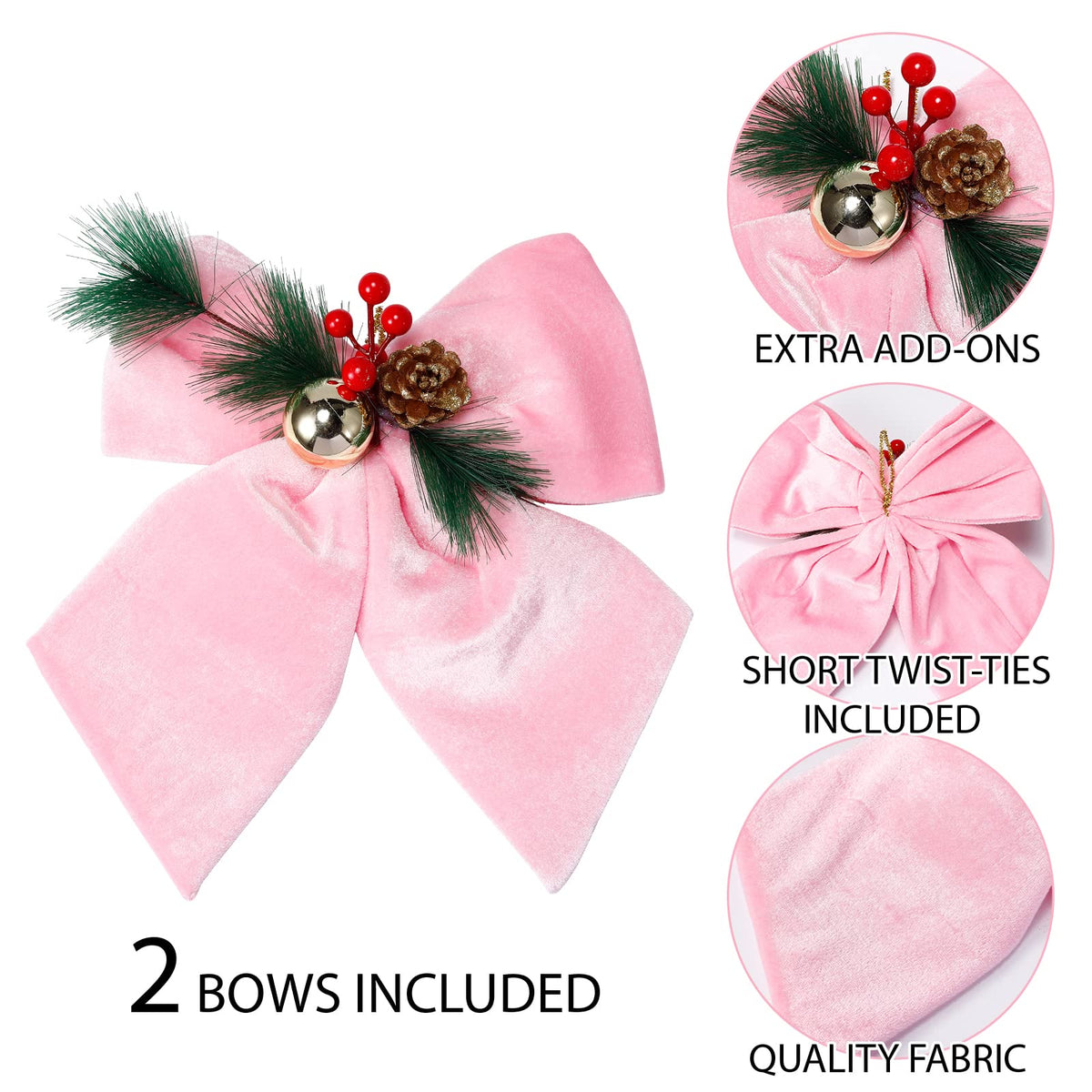 allgala Pink Velvet Christmas Bows, 2-Pack, 10-Inch