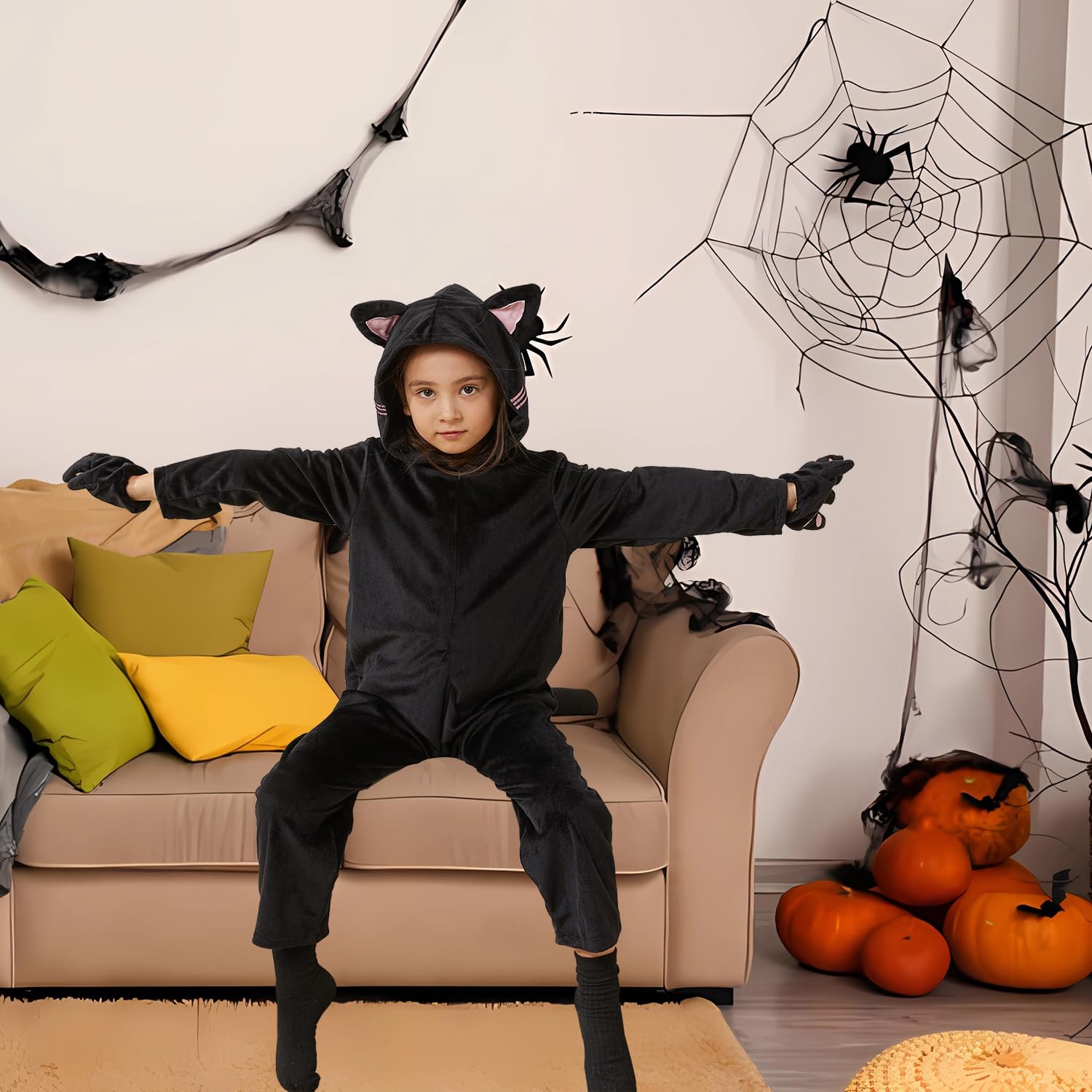 ZOMPAKER Girls Black Cat Costume Halloween Dress Up Black Size S