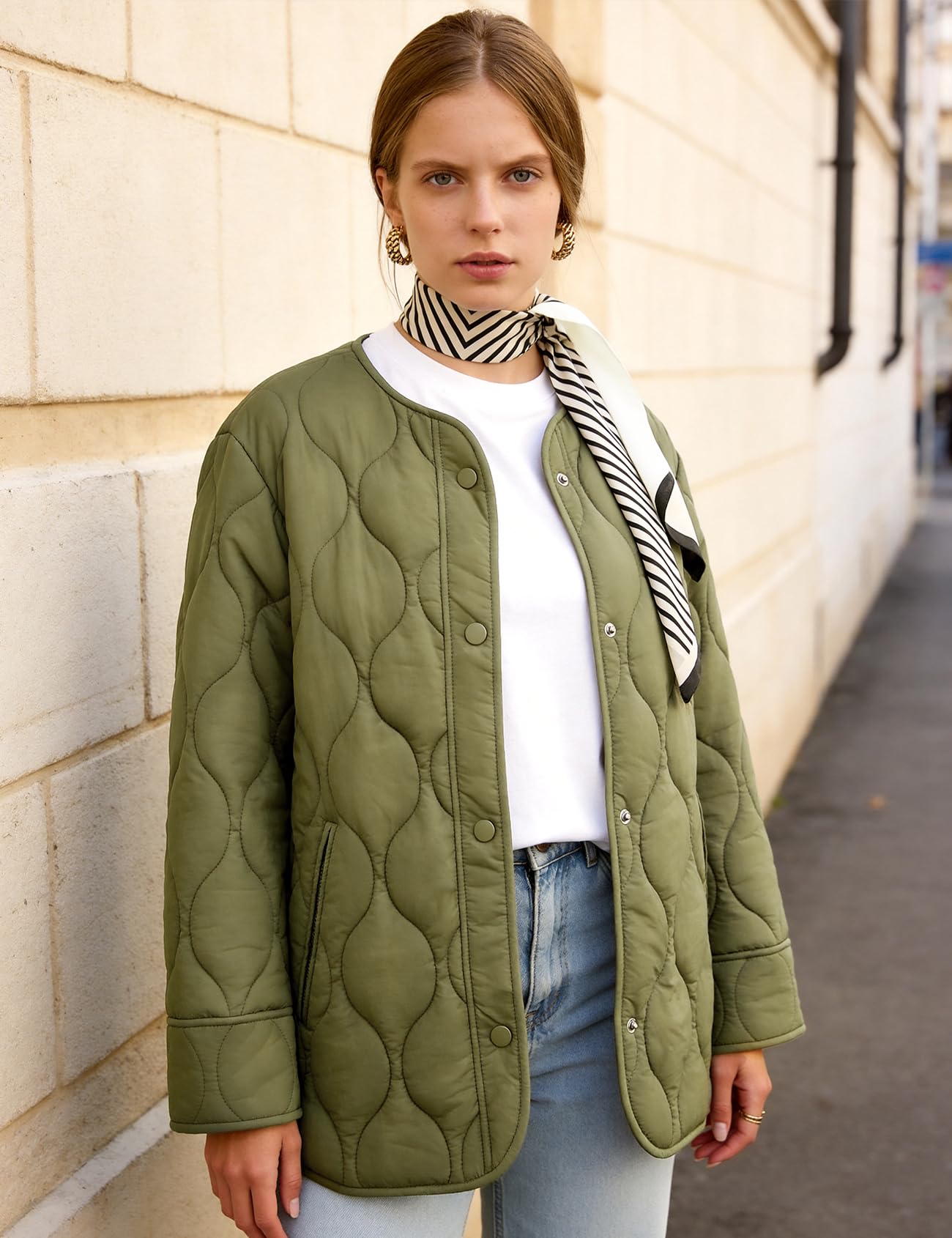 Flygo Women's Oversized Quilted Lightweight Puffer Jacket Green Size L