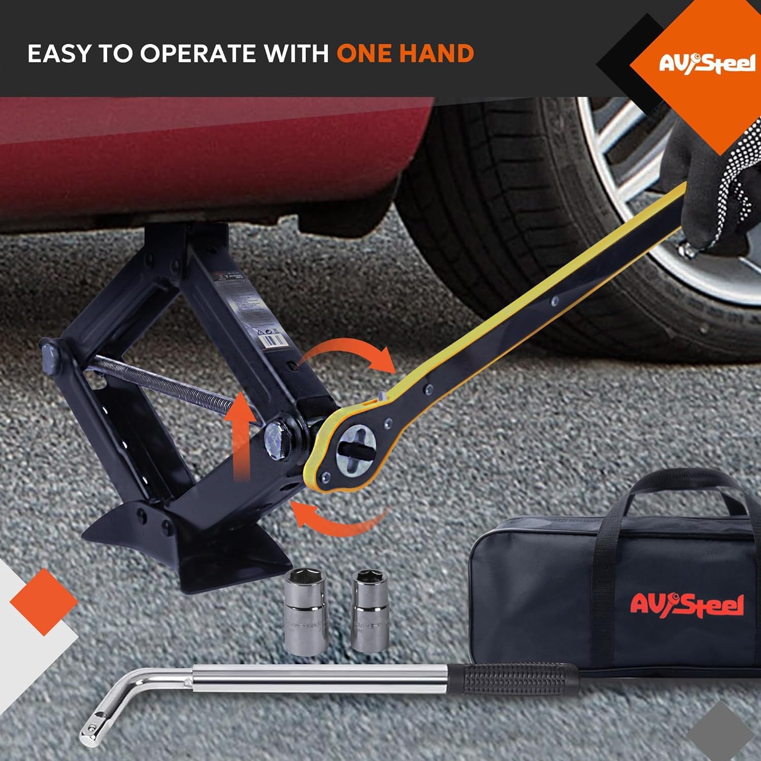 AV Steel 2 Ton Car Scissor Jack Kit Portable Lift Ratcheting Handle Black