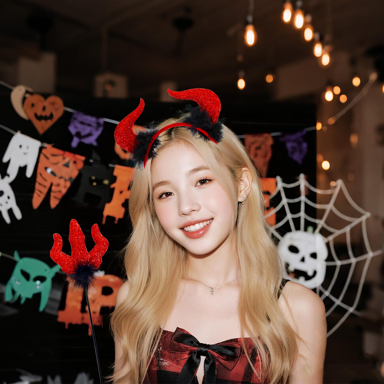 OIWLCI Red Devil Horns Headband with Pitchfork Halloween Costume Size General