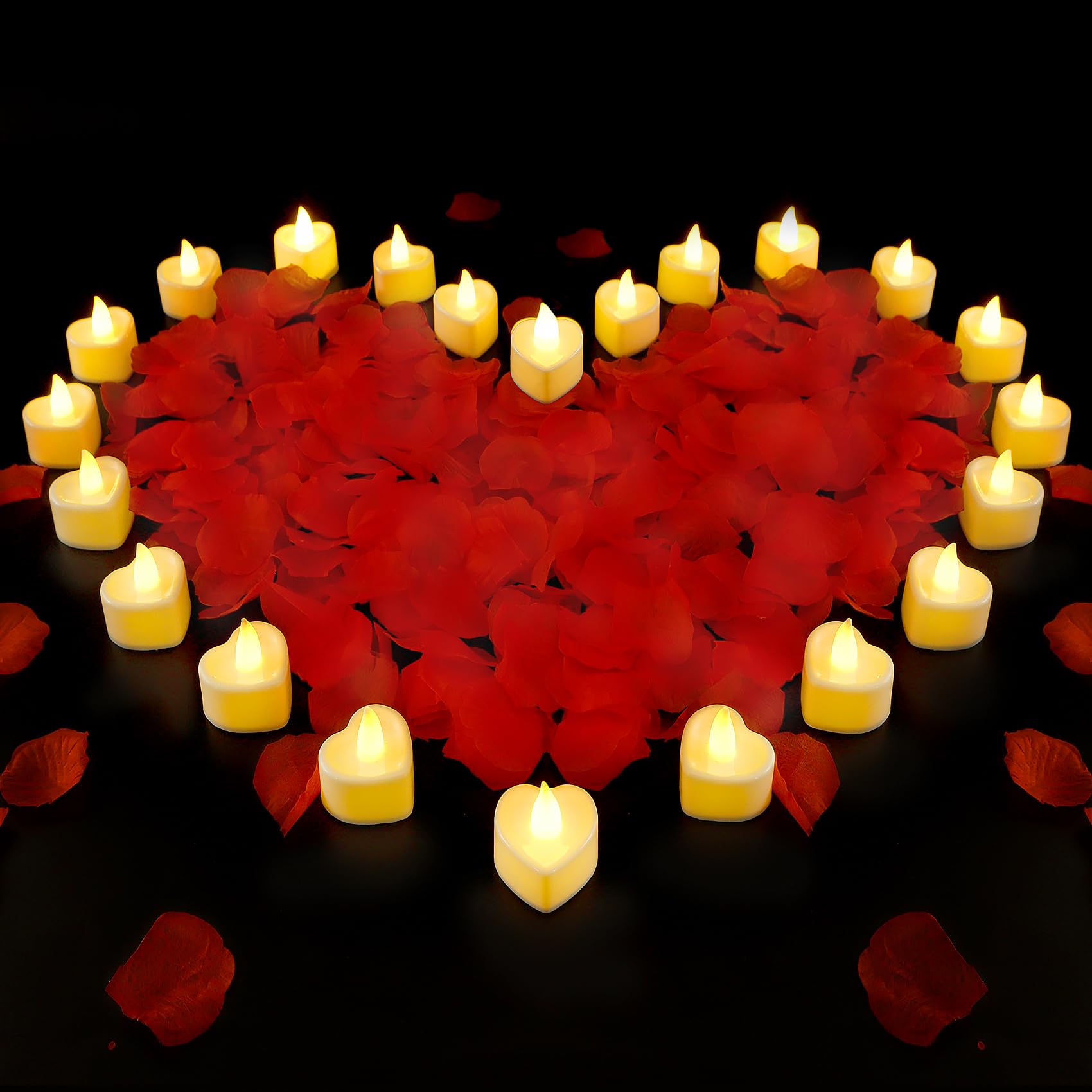 Ardusnpe 2000 Pcs Red Artificial Rose Petals with 24 White Flameless LED Candles