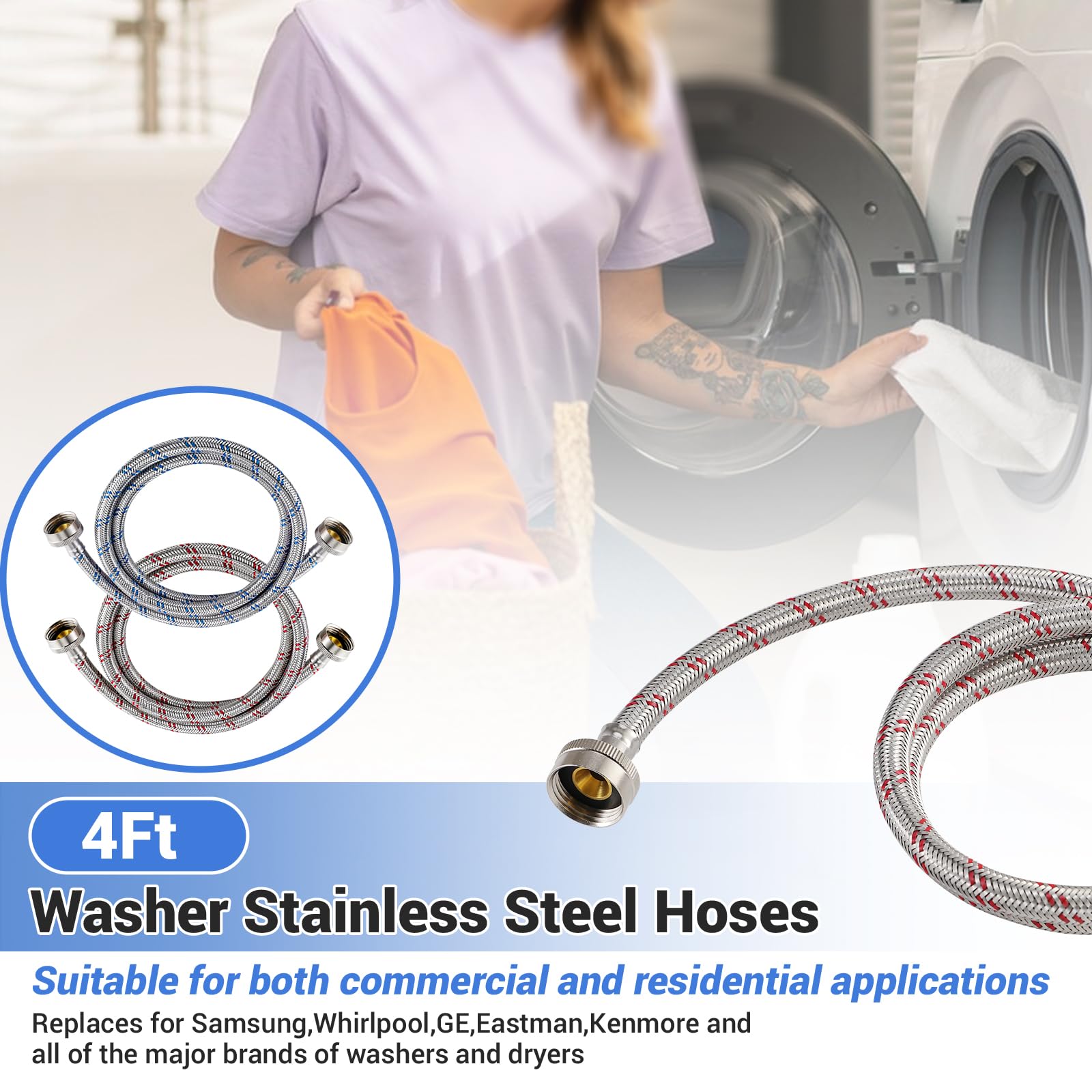 Yejesiy 4ft Stainless Steel Washing Machine Hoses 2 Pack Hot Cold Red Blue
