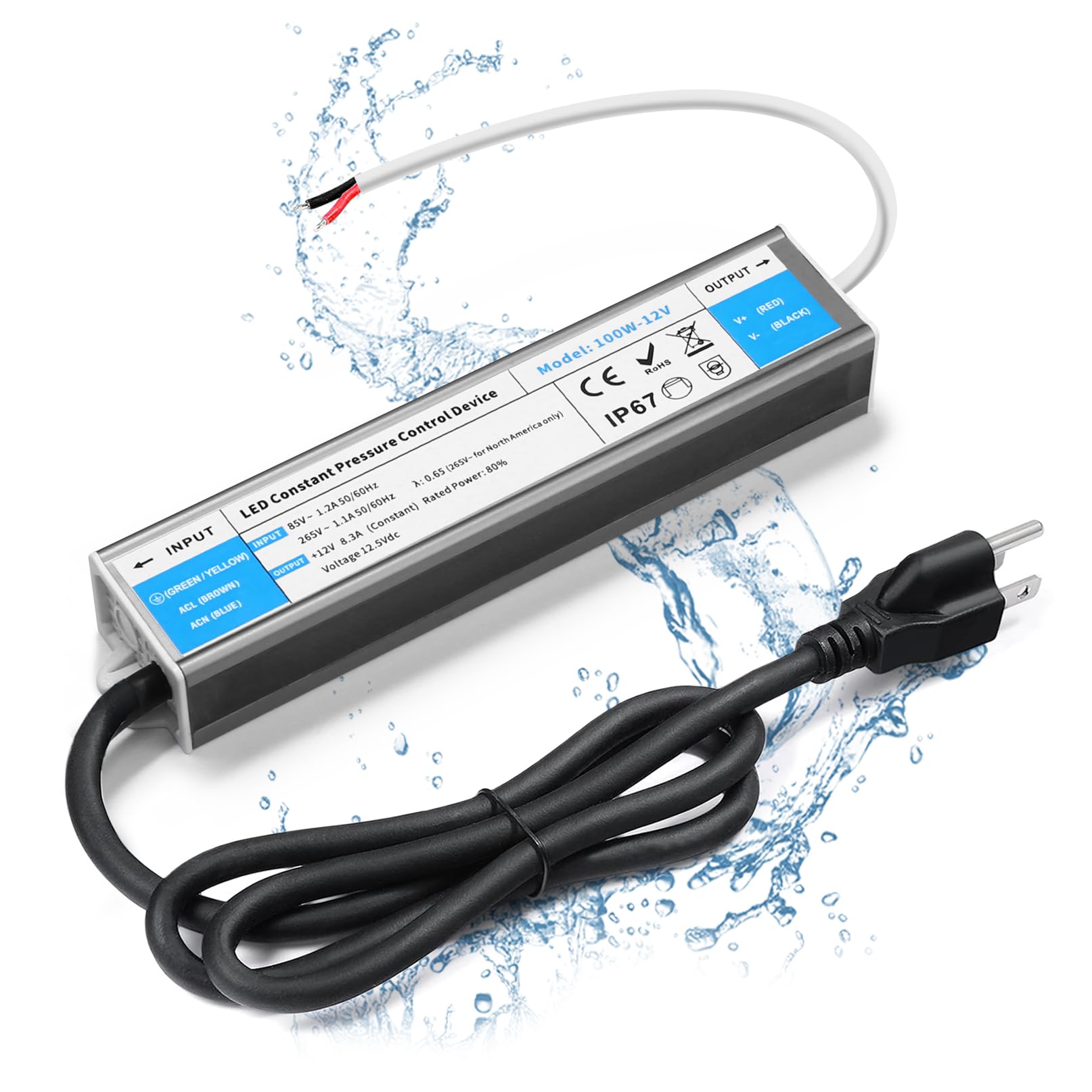 VOEWT LED Driver 100W Waterproof IP67 85-265V AC to 12V DC Power Supply Blue