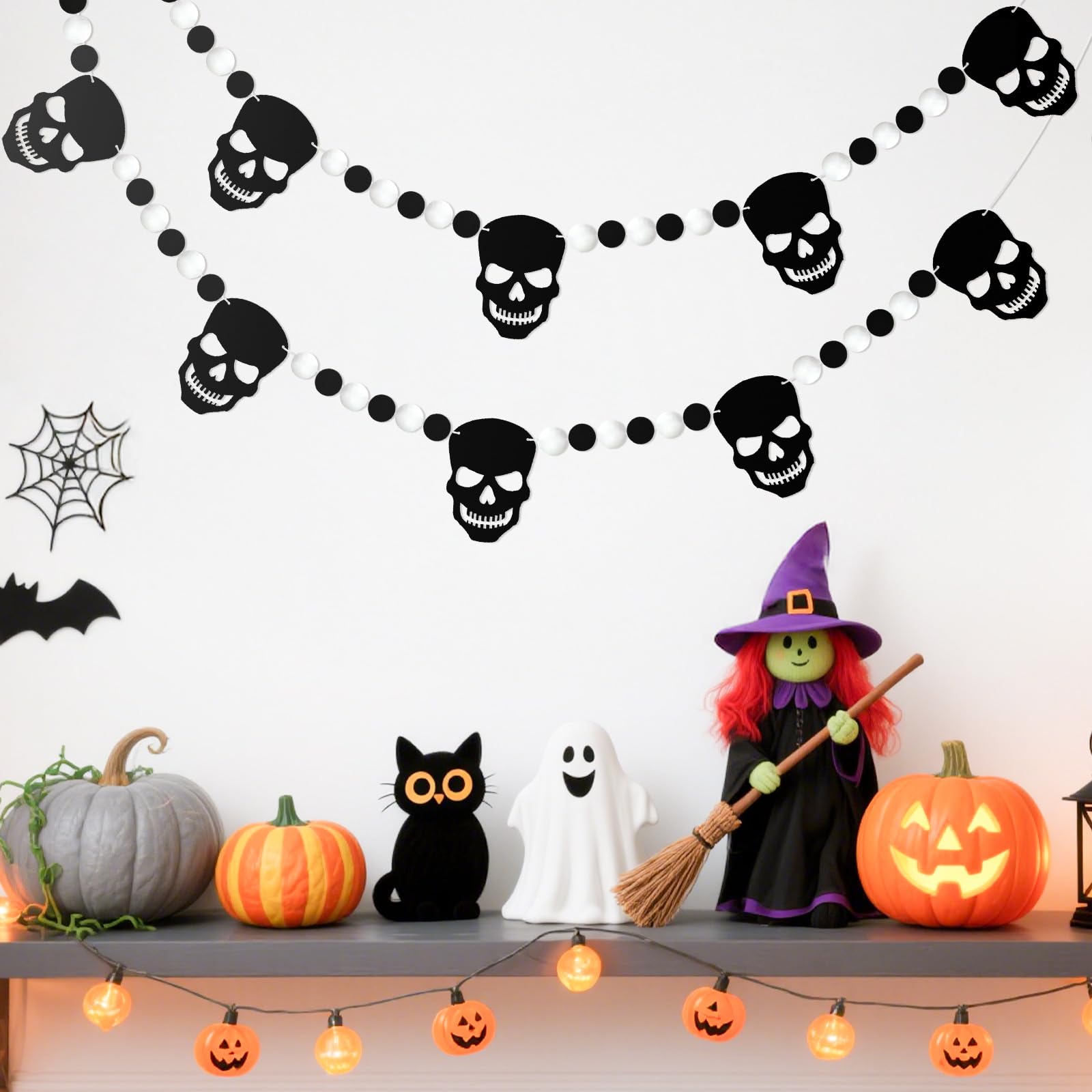 GCQQ Black White Skull Pompom Garland 6.4FT 2 Packs Halloween Decor