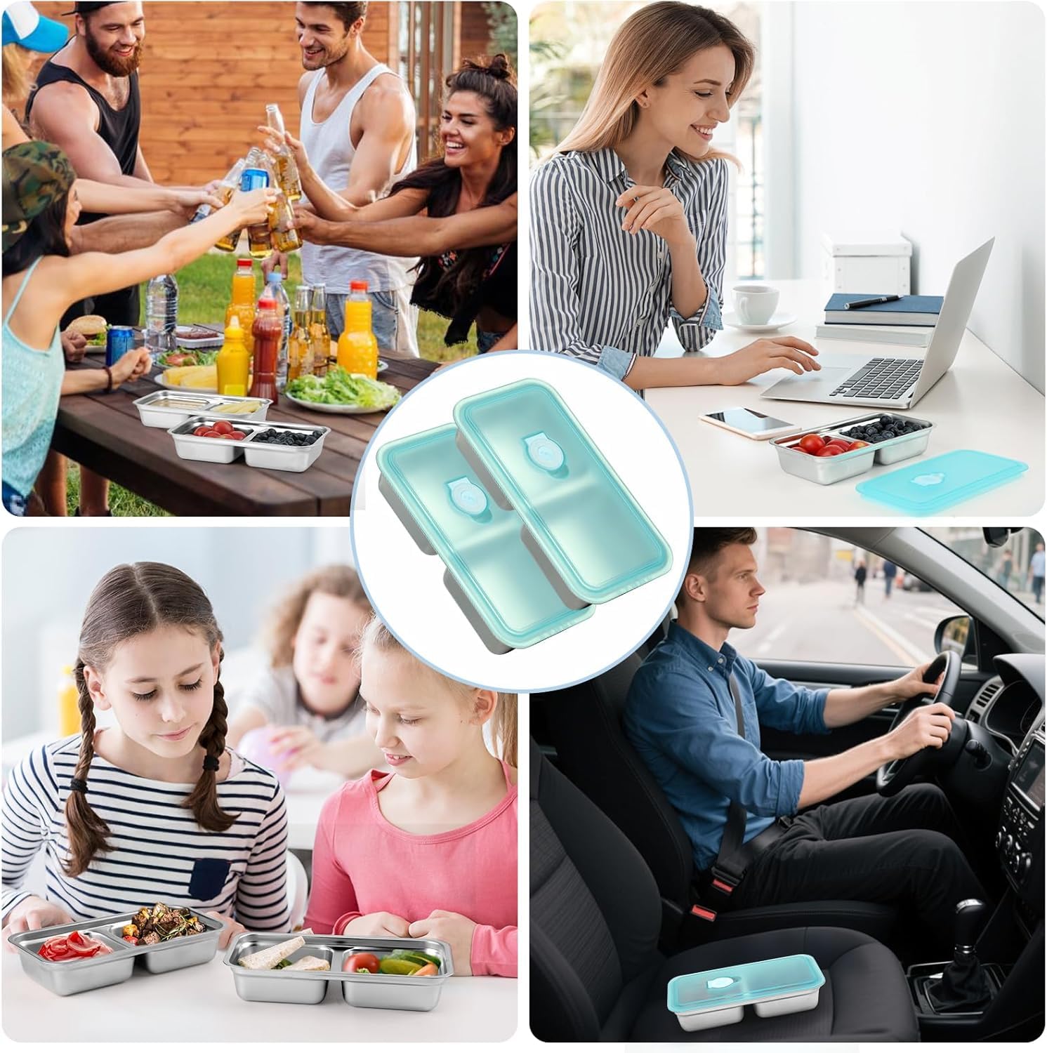 QWEZXO Stainless Steel Double Compartment Snack Containers with Lids 4 Pack Blue