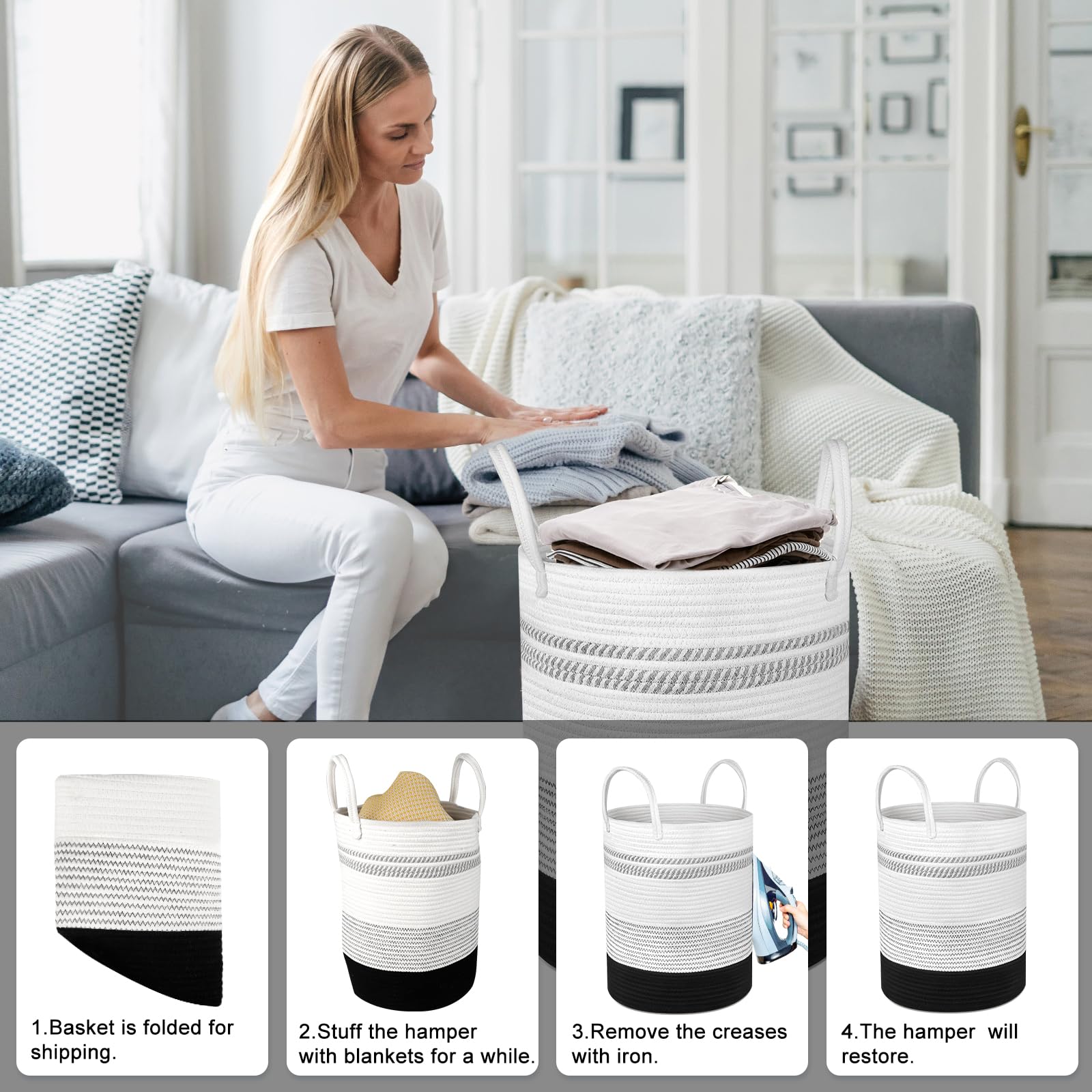 2-Pack Rope Laundry Baskets Cotton Hamper Woven Storage 58L 28L Black