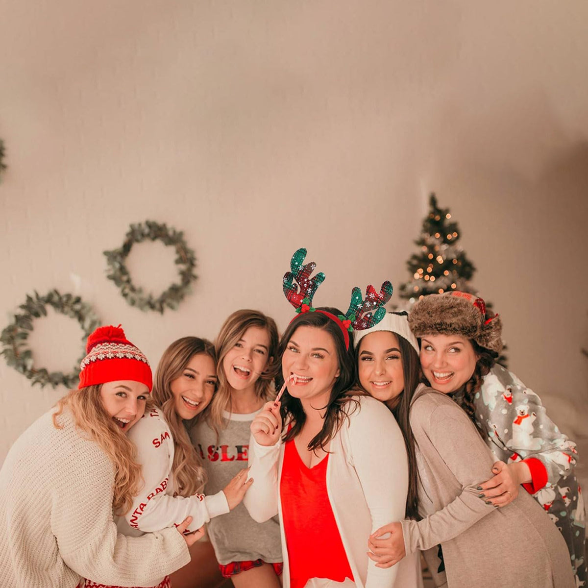 Tagberoy Red Green Plaid Christmas Antlers Headband Reindeer Headbands for Women