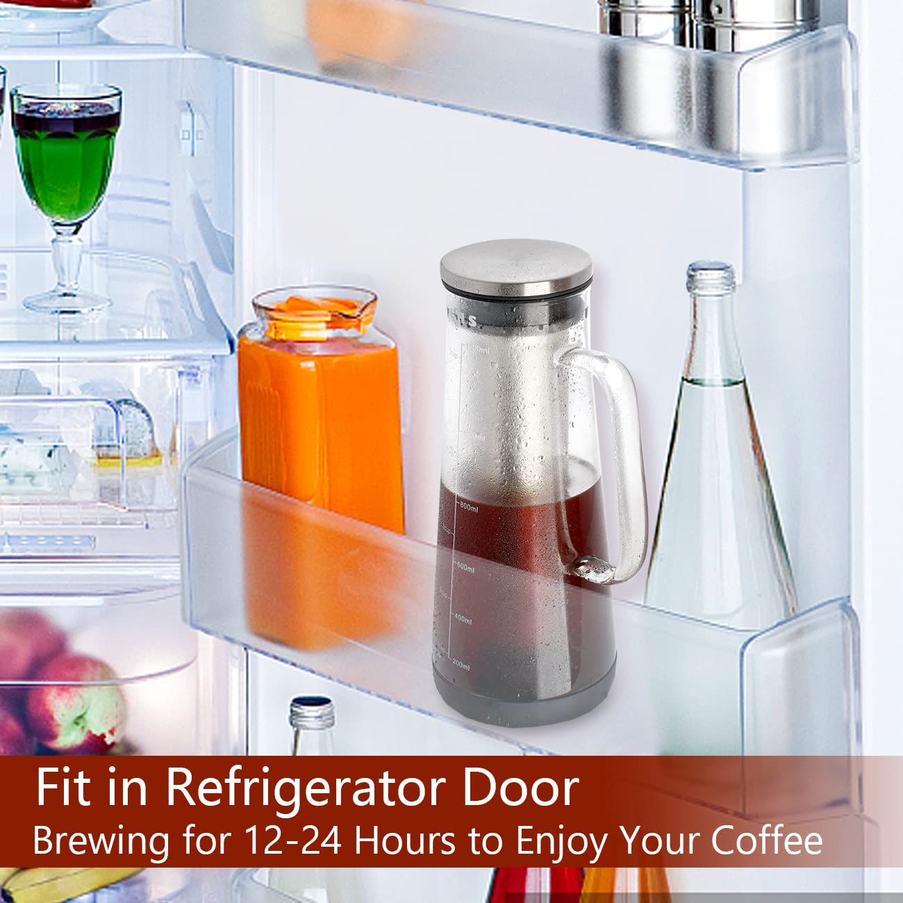LHS Cold Brew Coffee Maker Glass Pitcher 1.2L 40oz Stainless Steel Filter