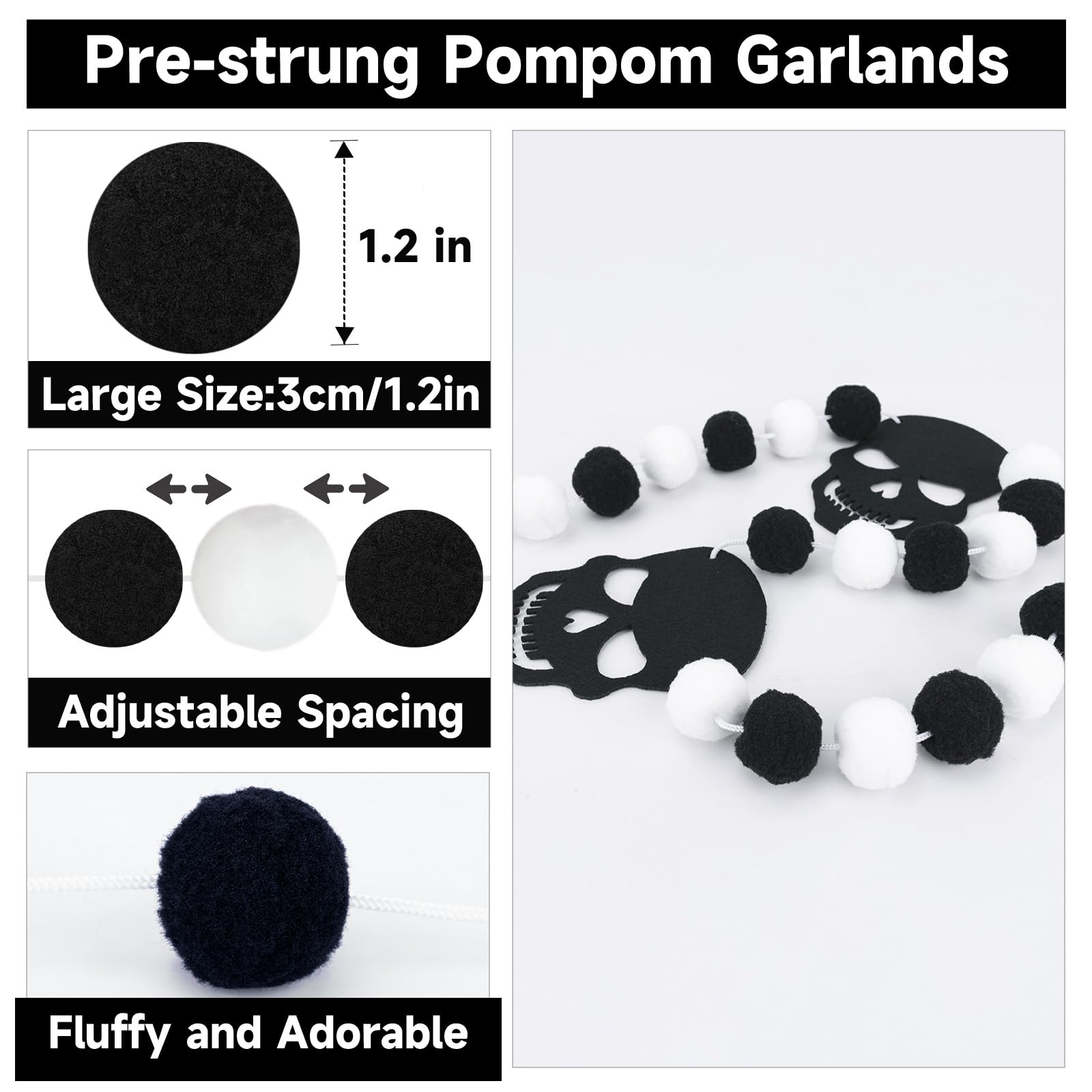 GCQQ Black White Skull Pompom Garland 6.4FT 2 Packs Halloween Decor