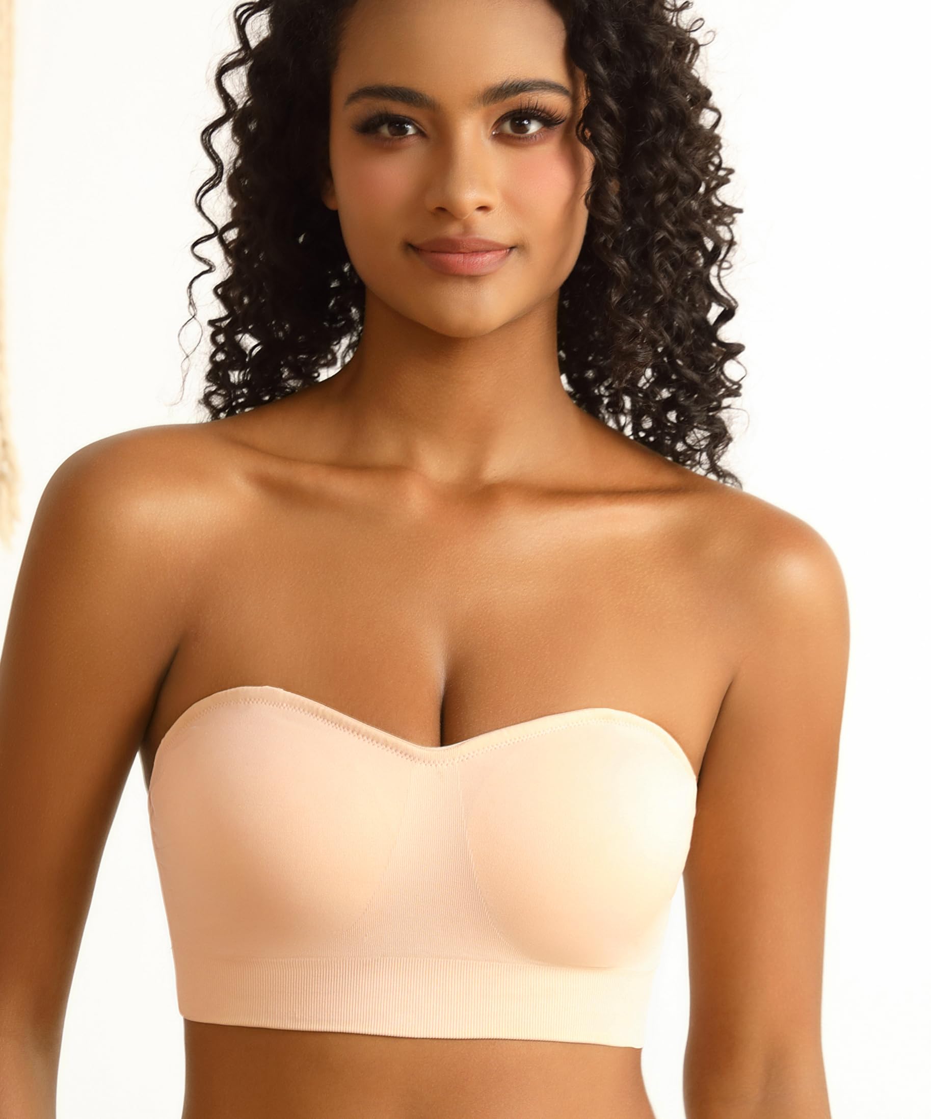 PRETTYWELL Strapless Padded Bandeau Bra Wireless Seamless Beige Size M