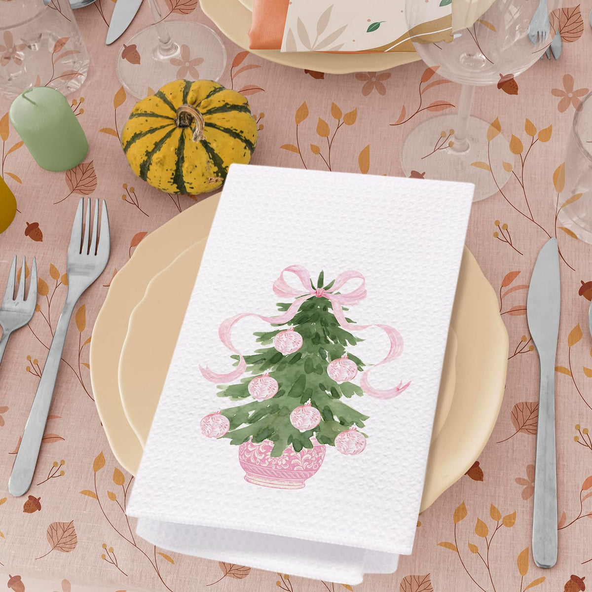 SPBL&L Chinoiserie Christmas Kitchen Towels Pink Bow Tree, 16 x 24 in, Set of 2