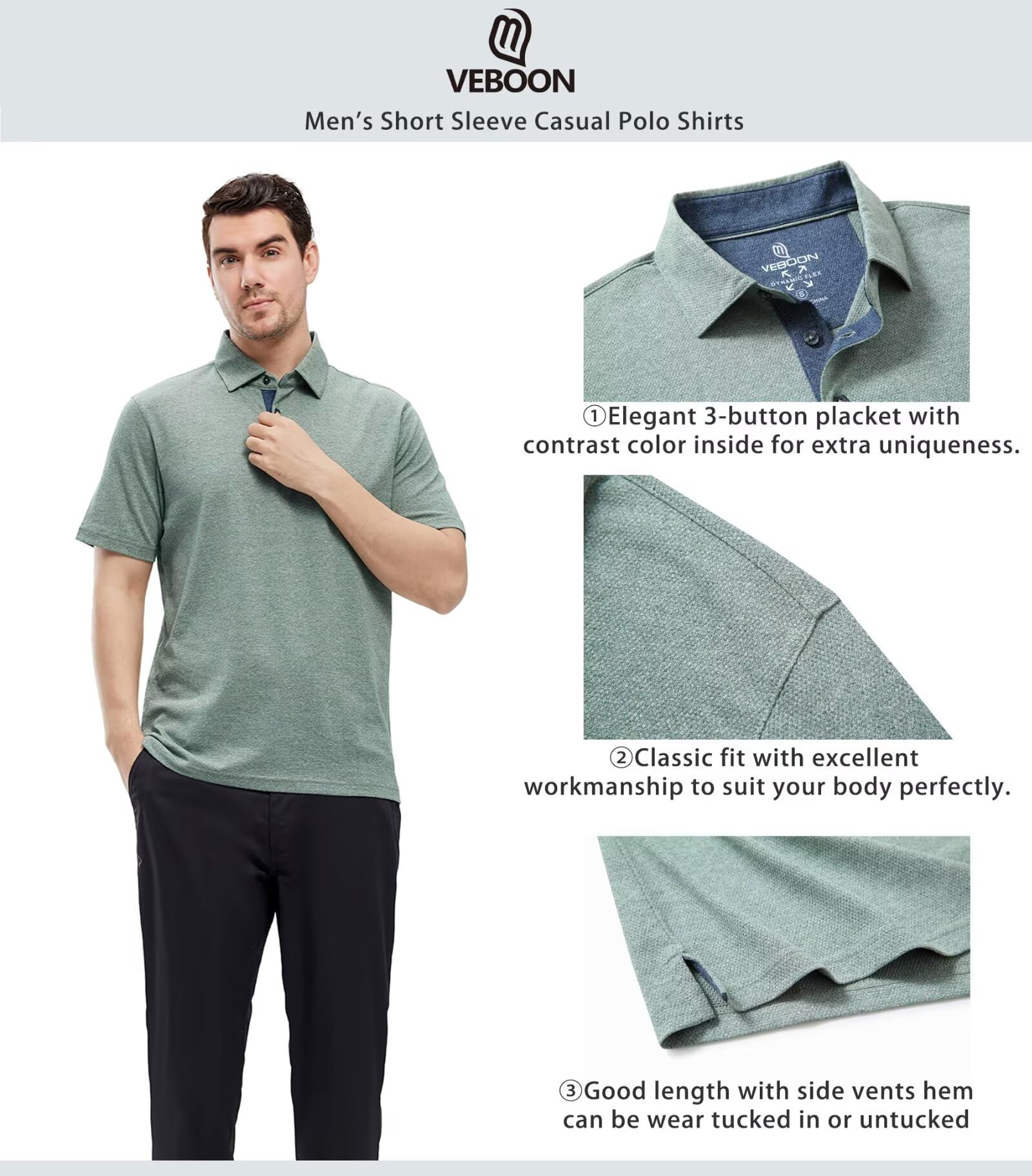 VEBOON Men Polo Shirt Short Sleeve Performance Business Casual Frost Green Large