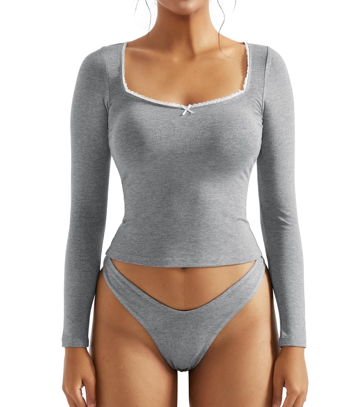 OMKAGI Womens Lounge Set Lace Square Neck Long Sleeve Grey 2PC Size M