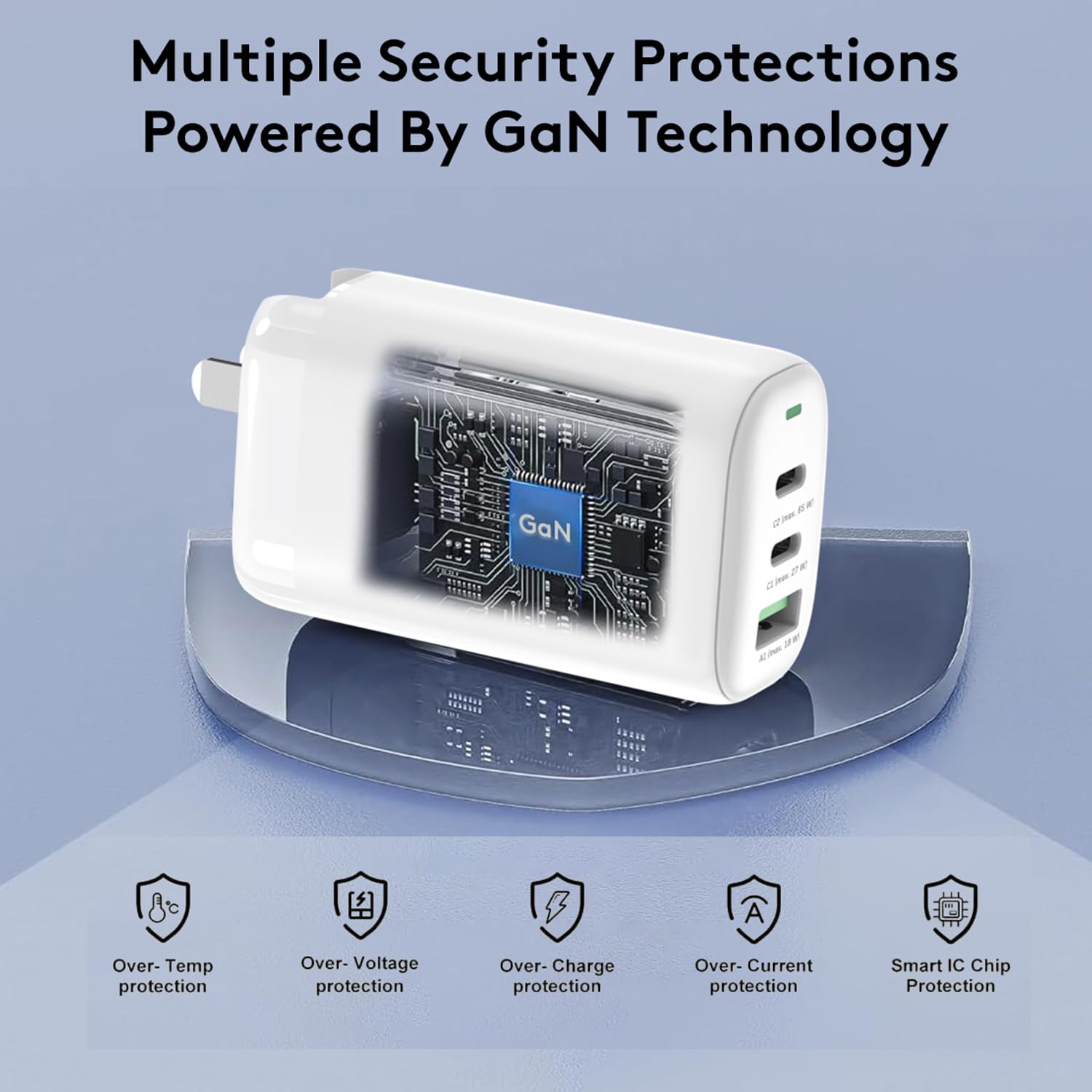 Qackenm 65W 3-Port GaN USB C Charger Foldable Fast Charging White