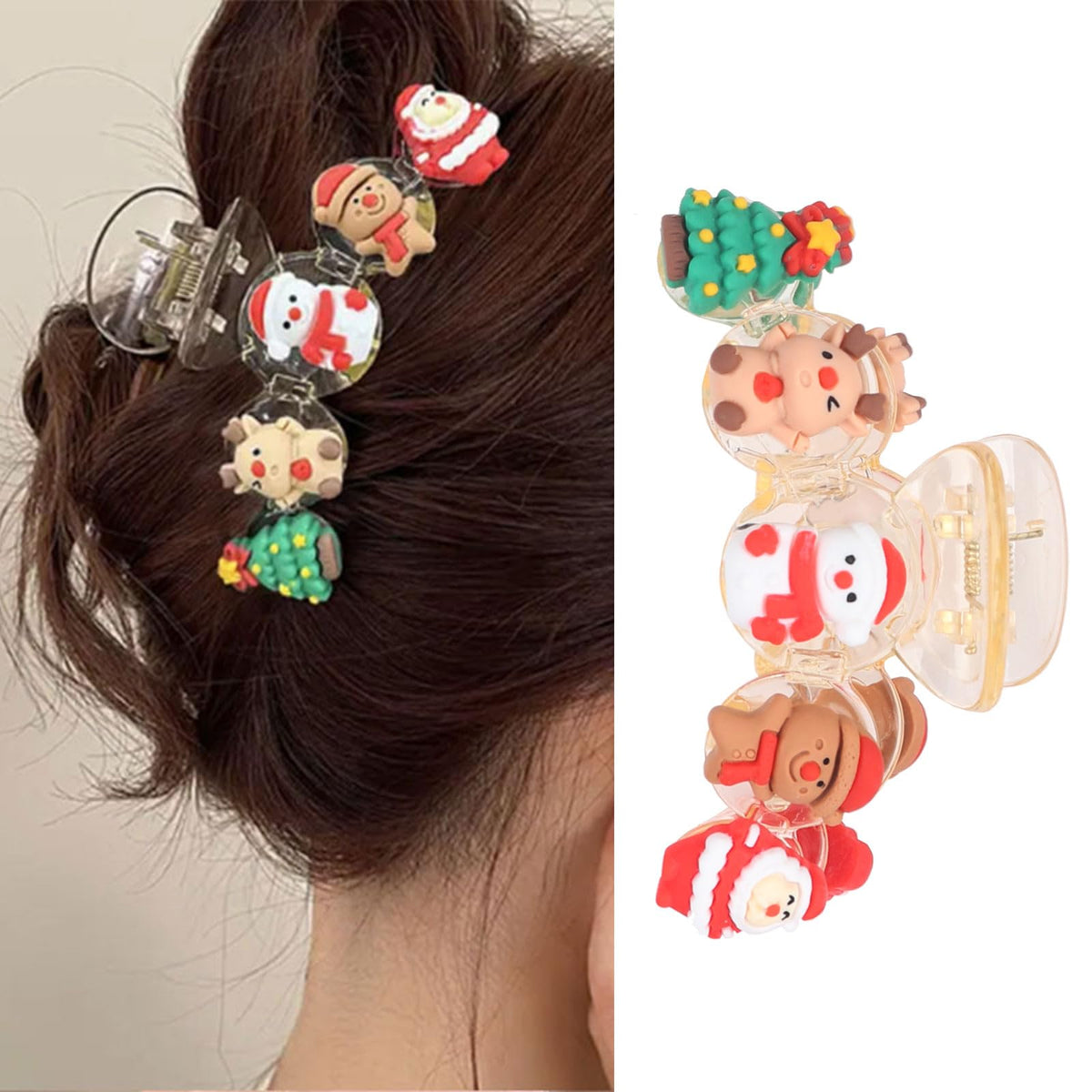 HIFANMM Christmas Hair Clip Xmas Cartoon White Hair Claw Clips for Women Girls, Santa Claus Snowman Xmas Tree Large Acrylic Hair Accessories New Year Non Slip Hairpins for Thick Thin Hair Decor