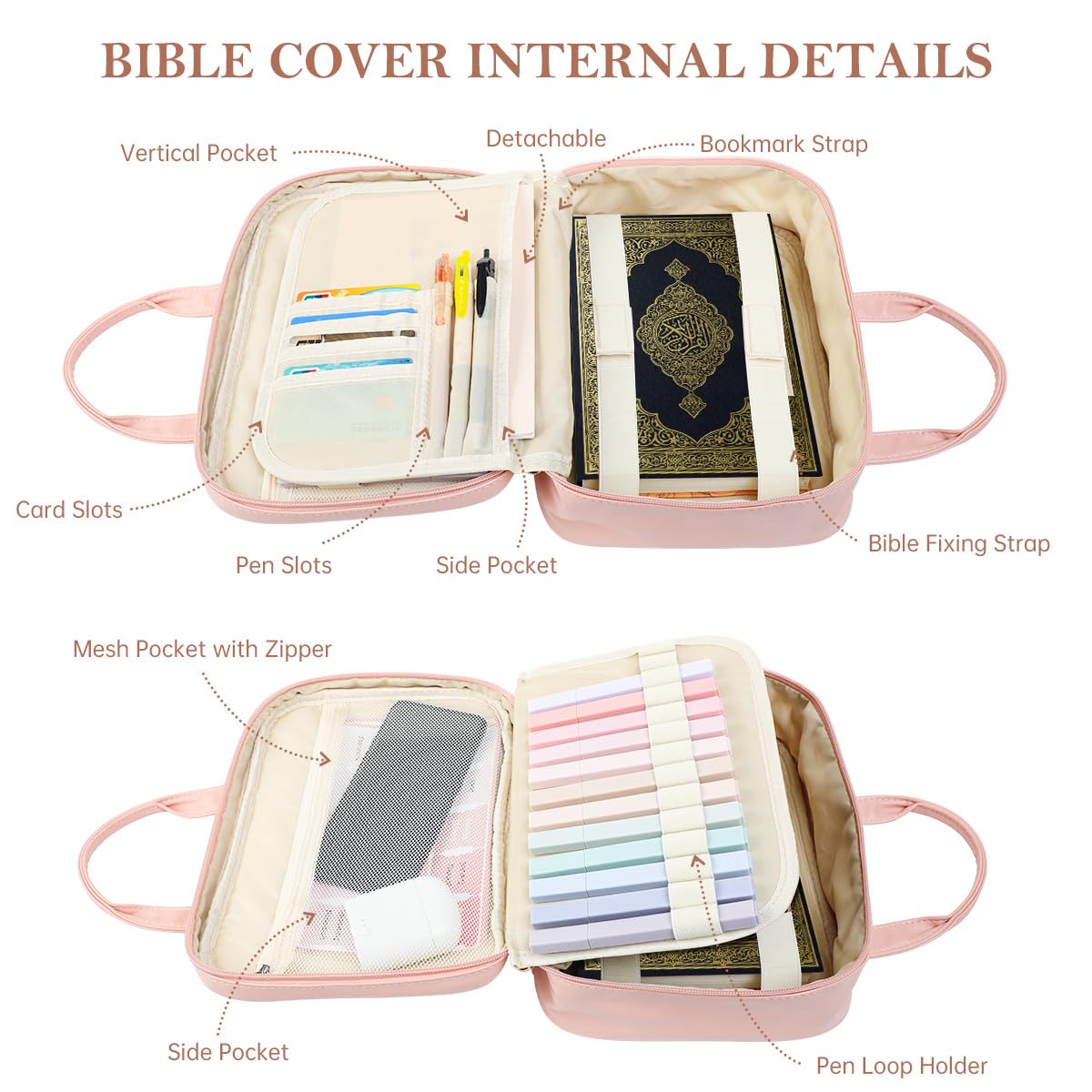 Bible Cover for Women Carrying Bag with 12 Highlighters&Index Pink Faux Leather