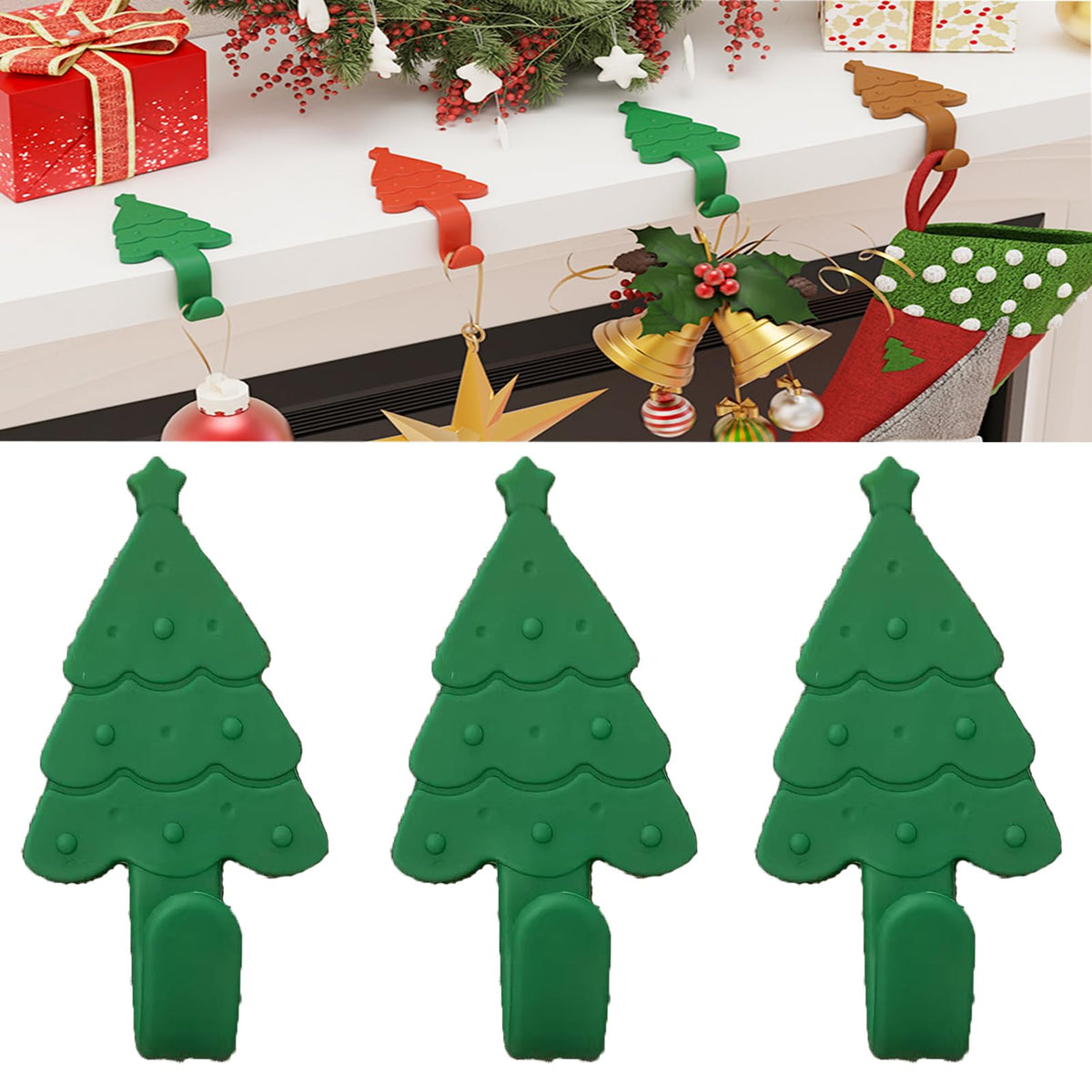 Zealoire Christmas Stocking Holders for Mantle - 3 PCS Silicone Wrapped Metal Adhesive Hooks, Adjustable Foldable Holidy Decor Wall Hooks for Stockings, Bells, Ornaments, Wreaths