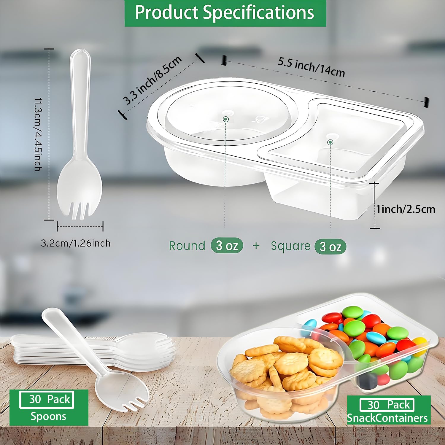 Coraltree 30PCS 6oz Snack Pack Containers Double Compartment Transparent