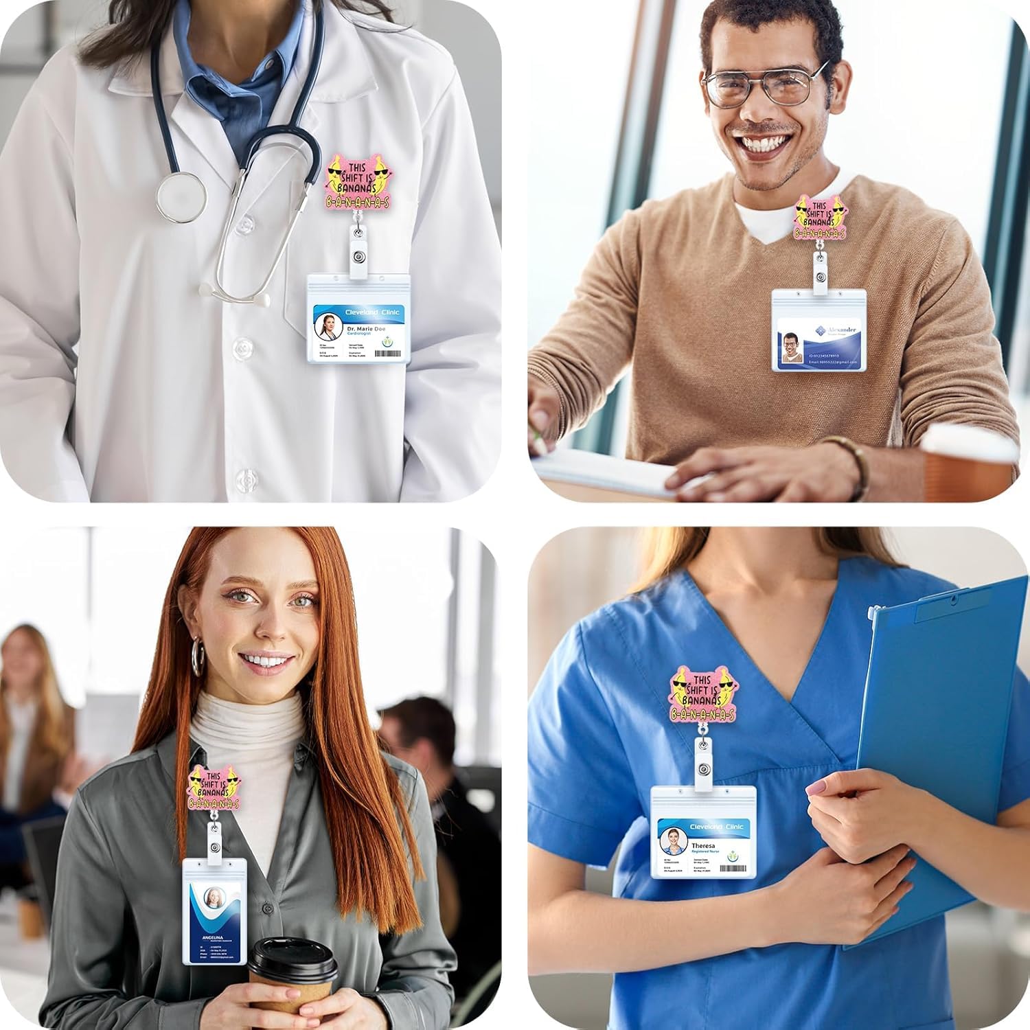 Funny Bananas Badge Reel Retractable Medical ID Clip Glitter Nurse Doctor