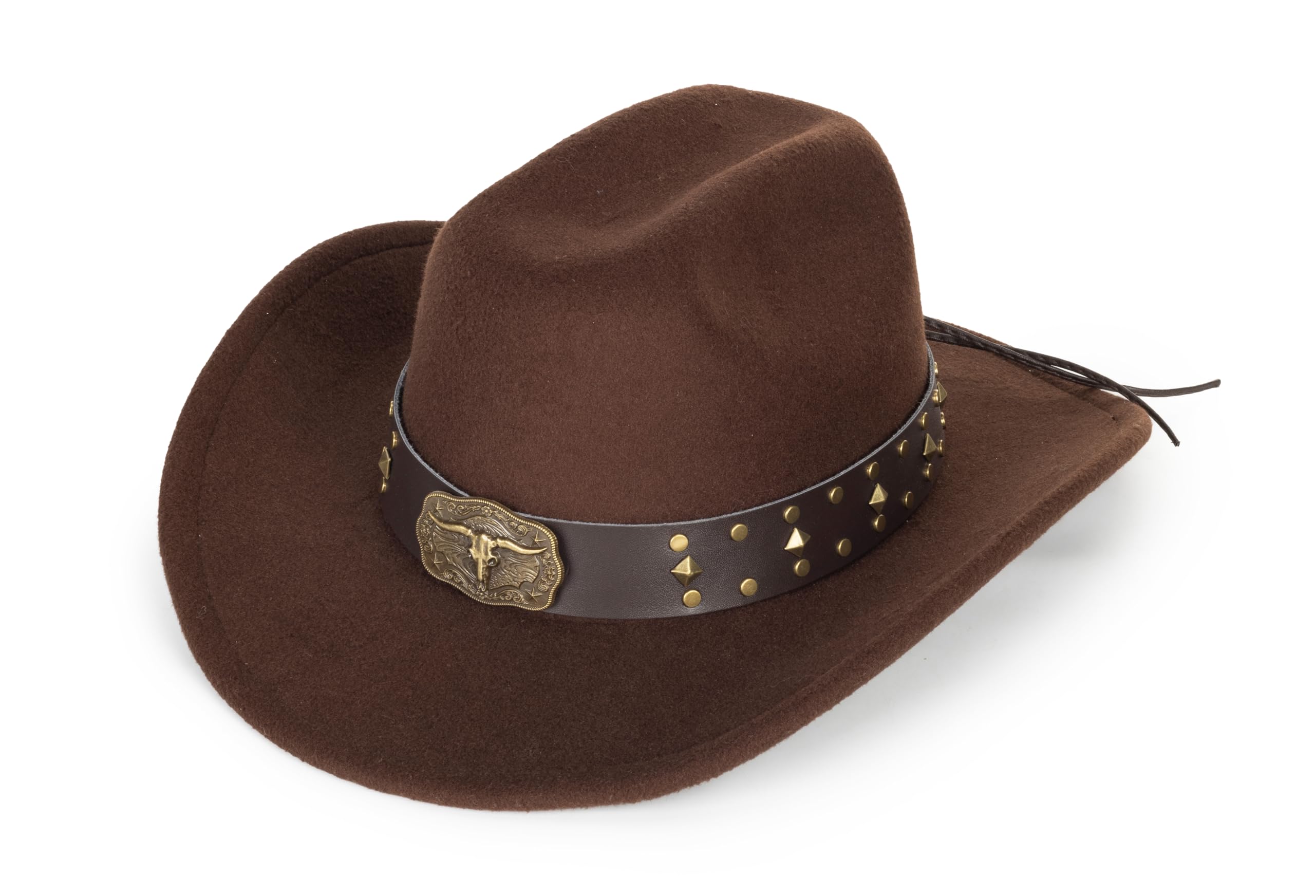 FGSS Western Cowboy Hats Unisex Wide Brim Felt Fedora Brown-Rivet