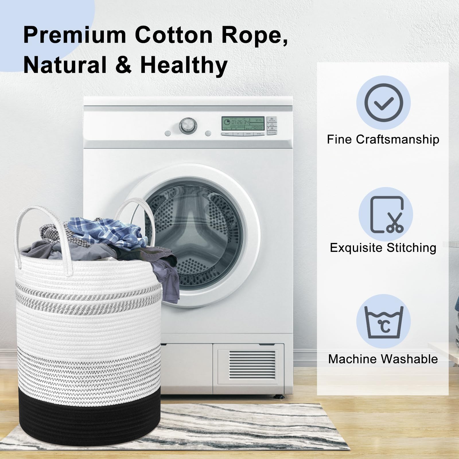 2-Pack Rope Laundry Baskets Cotton Hamper Woven Storage 58L 28L Black