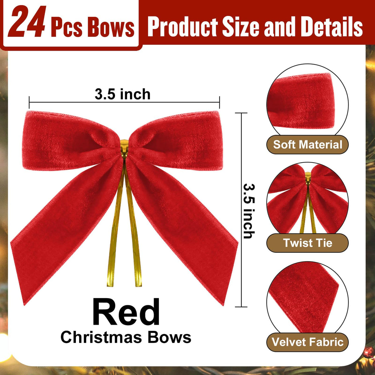 Adlbbkiy 24 Pack Red Velvet Twist Tie Bows for Christmas Tree, Pre-Tied Small